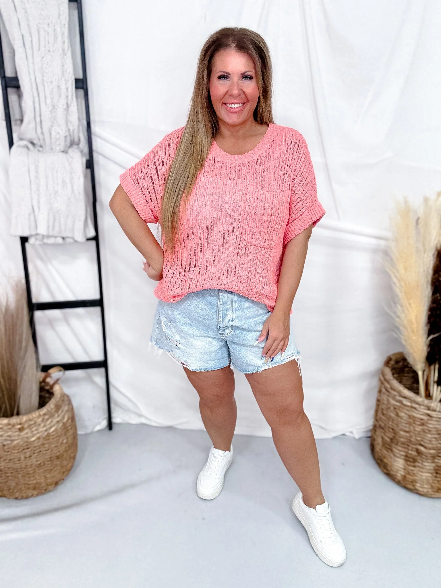 Coral Half Sleeve Open Knit Sweater With Round Neckline FINAL SALE - Image 5