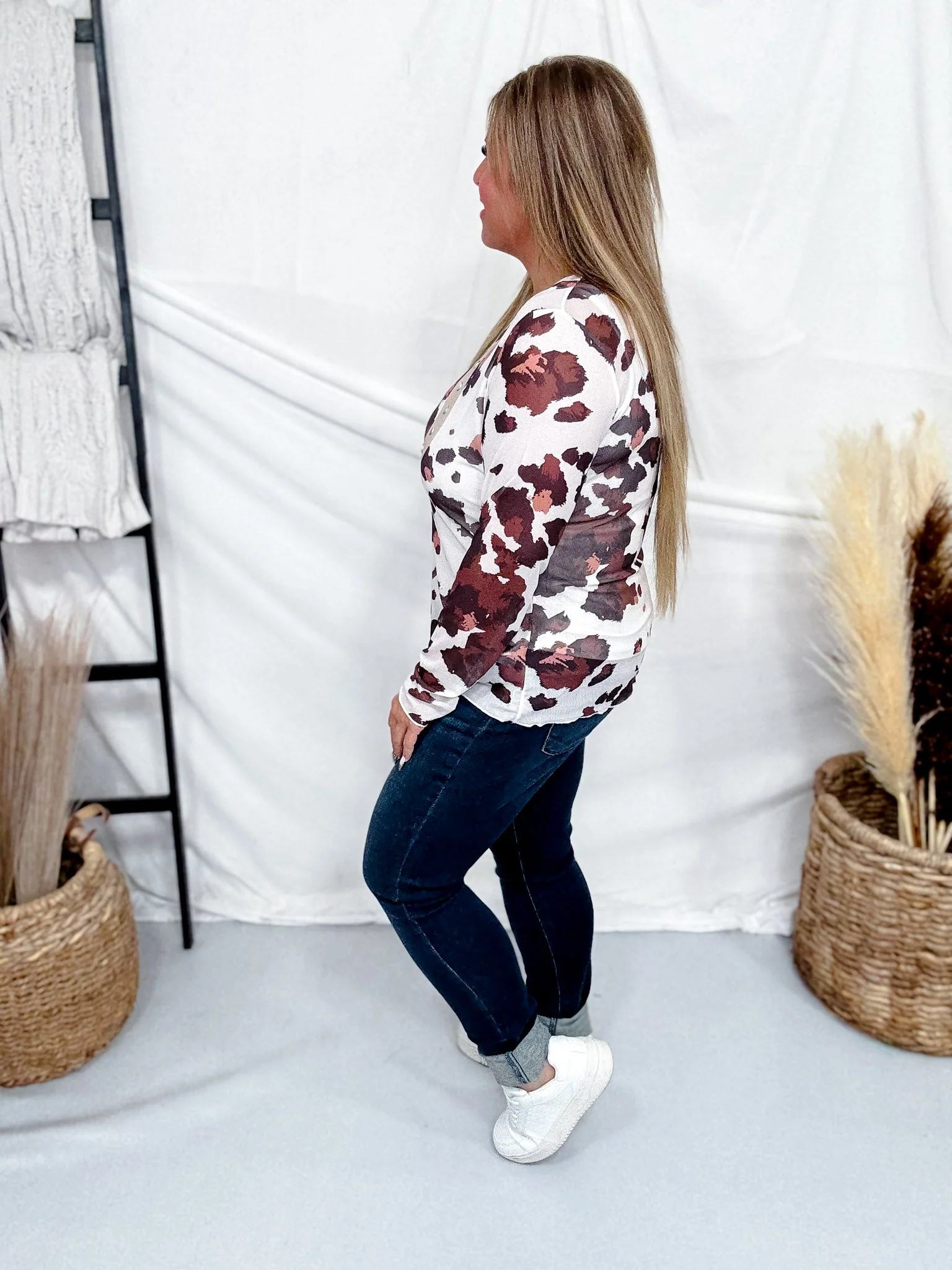 Cow Print Long Sleeve Mesh Top With Studded Horseshoe - Image 5