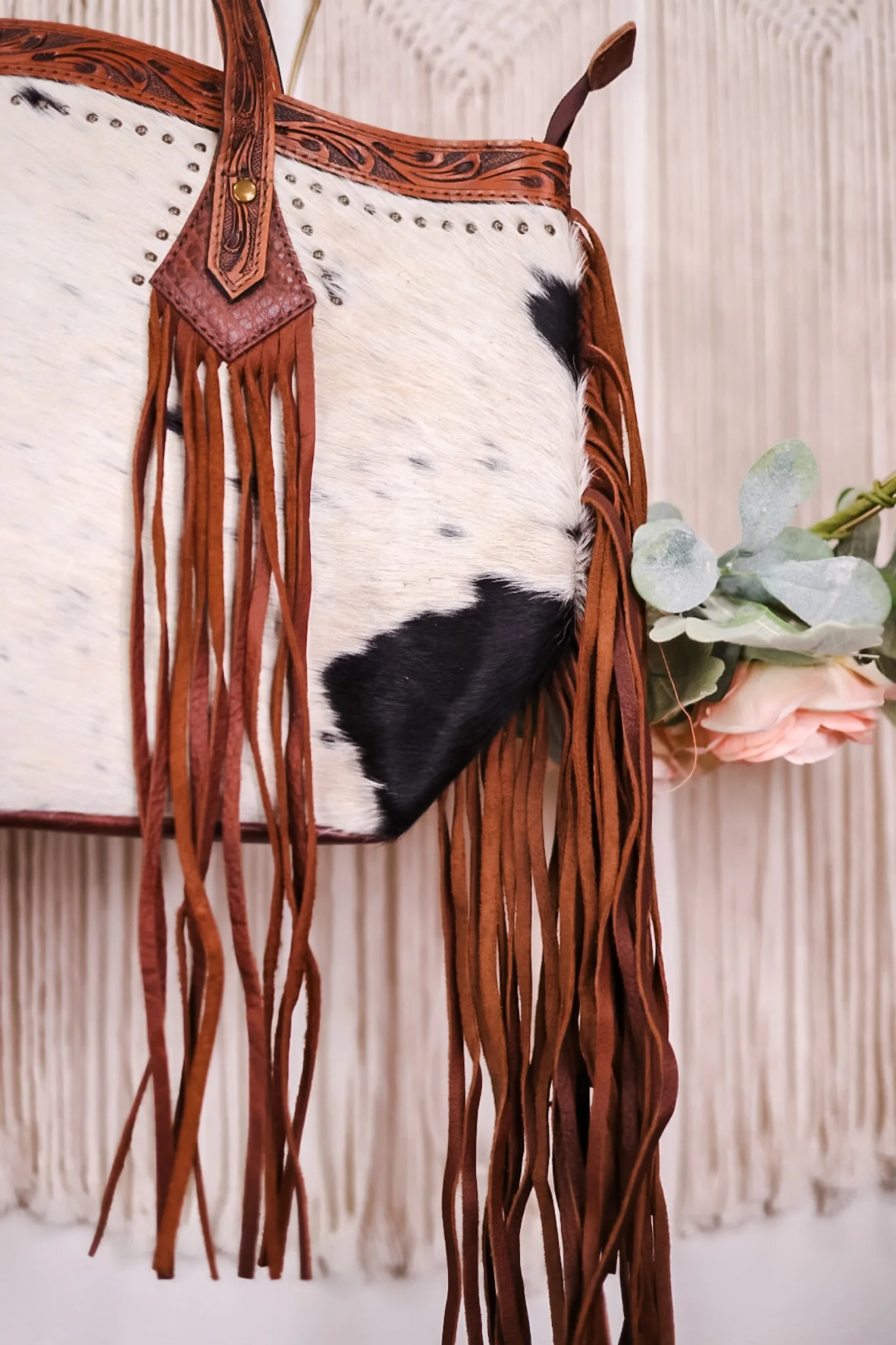 Cowhide Tote Bag with Leather Fringe and Accents - Image 2