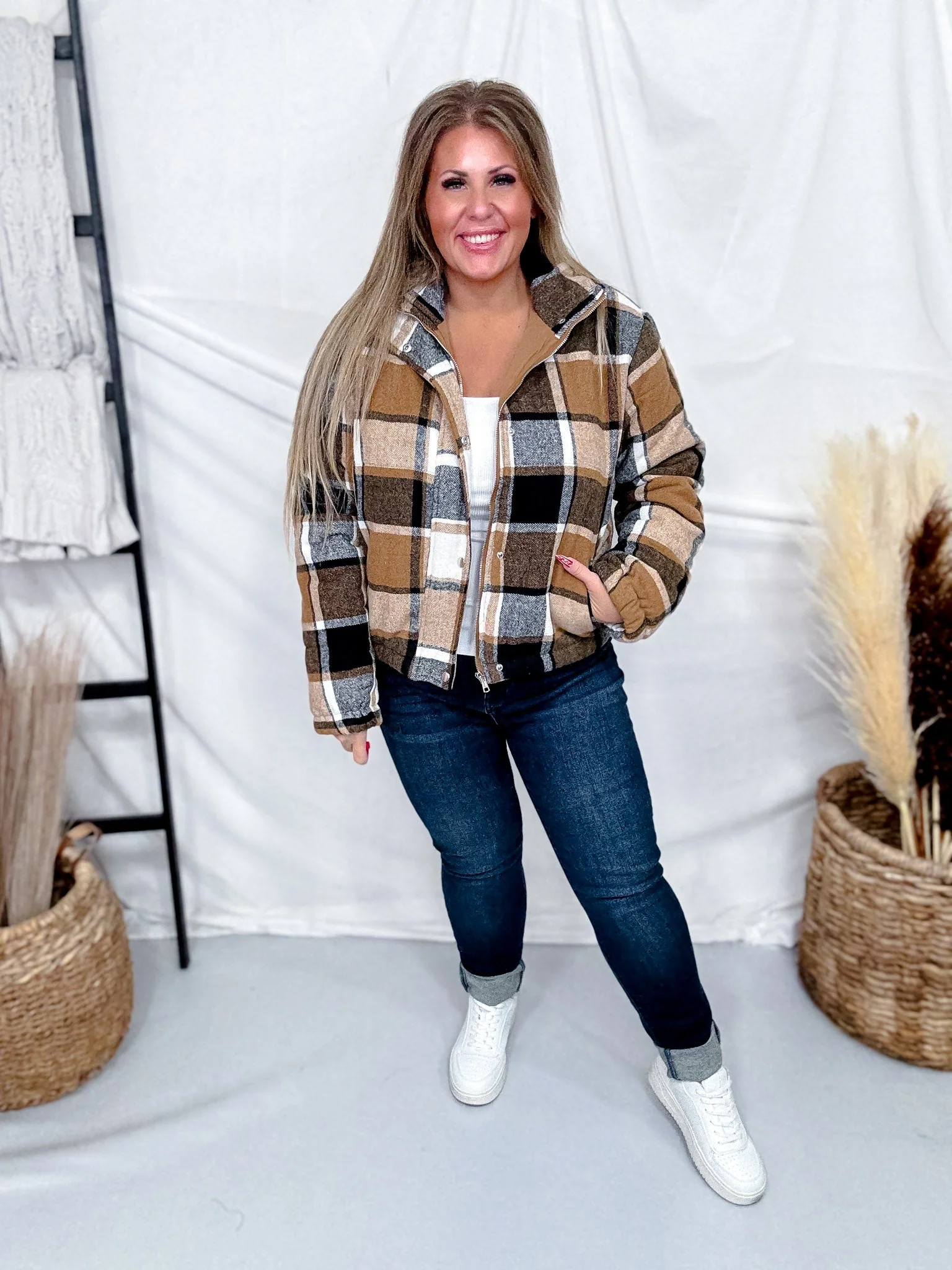 Cozy Brown Plaid Zip Up Puff Jacket FINAL SALE - Image 2