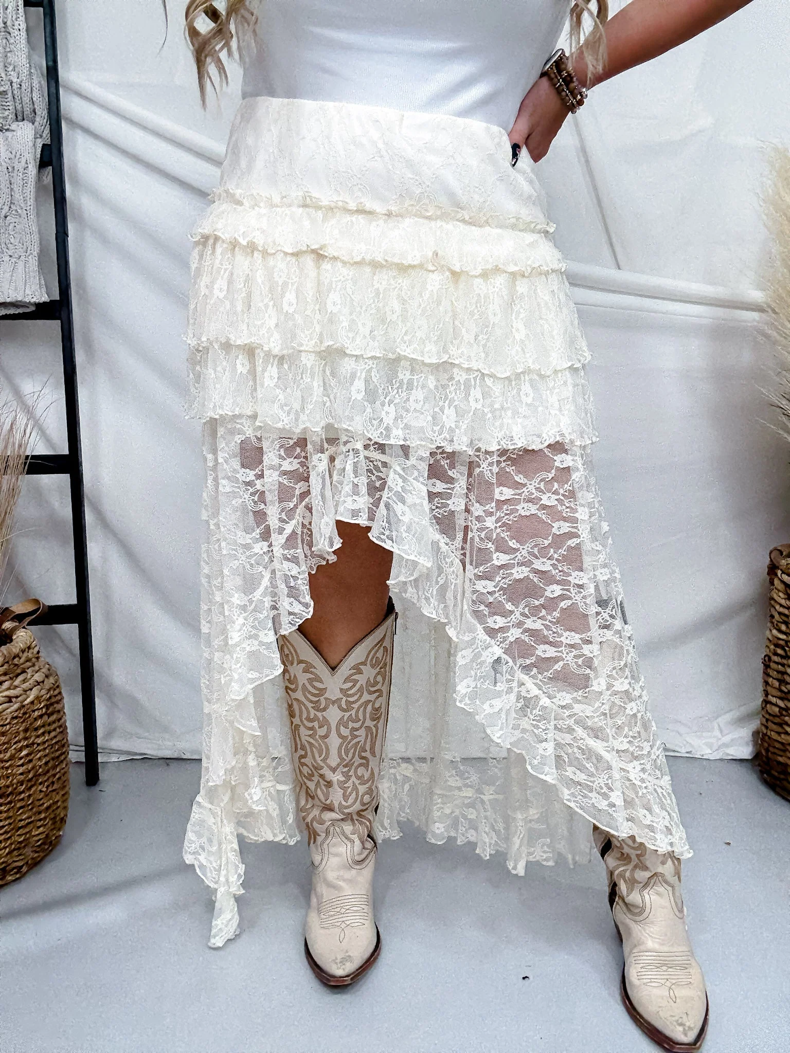 Cream Lace High-Low Ruffle Tiered Maxi Skort - Image 6