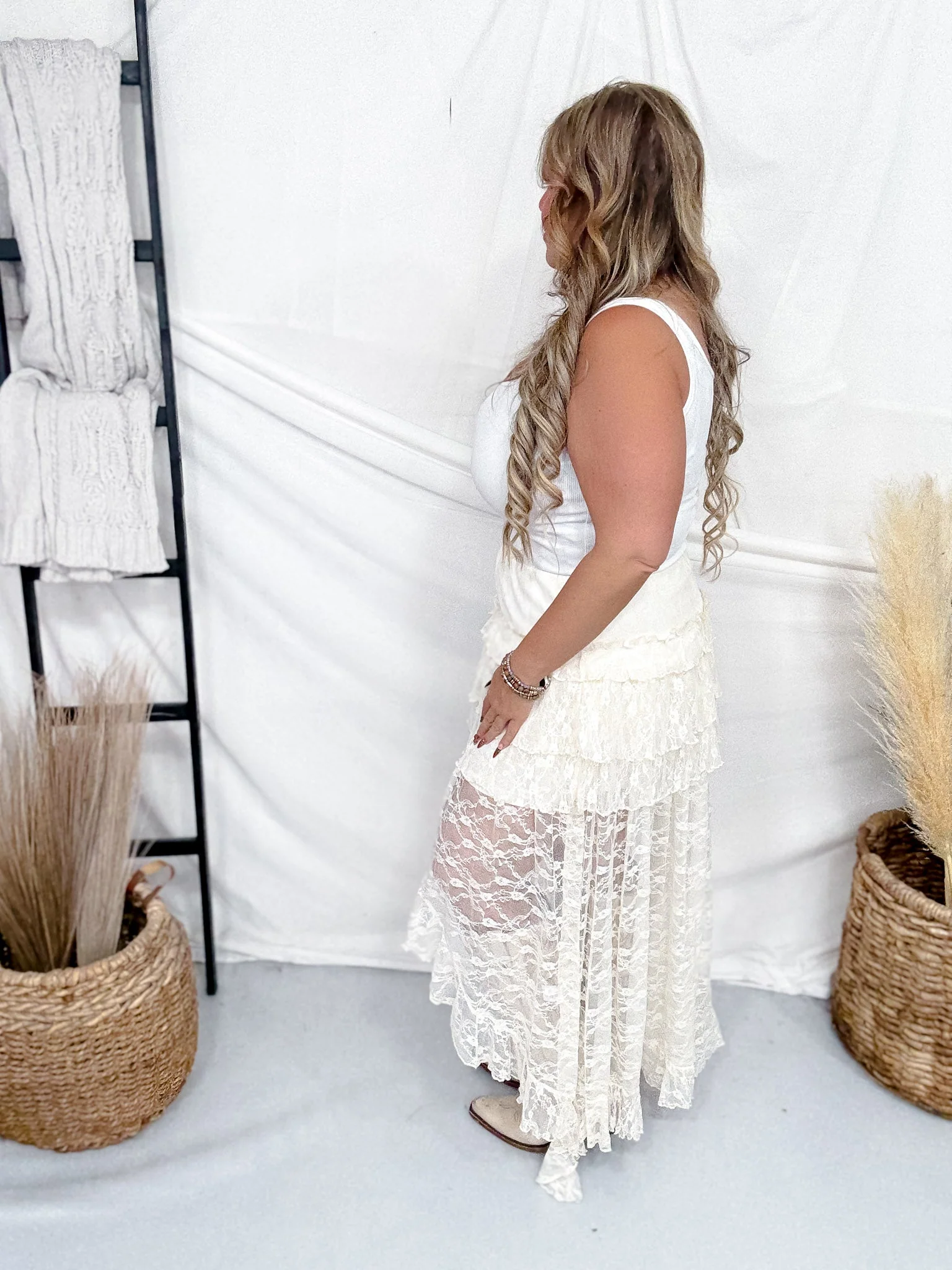 Cream Lace High-Low Ruffle Tiered Maxi Skort - Image 8