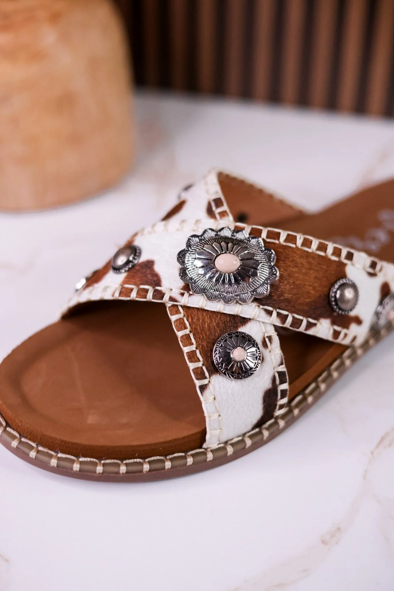 Cream & Tan "Betsy" Faux Hairon Sandals With Concho Accents - Image 10