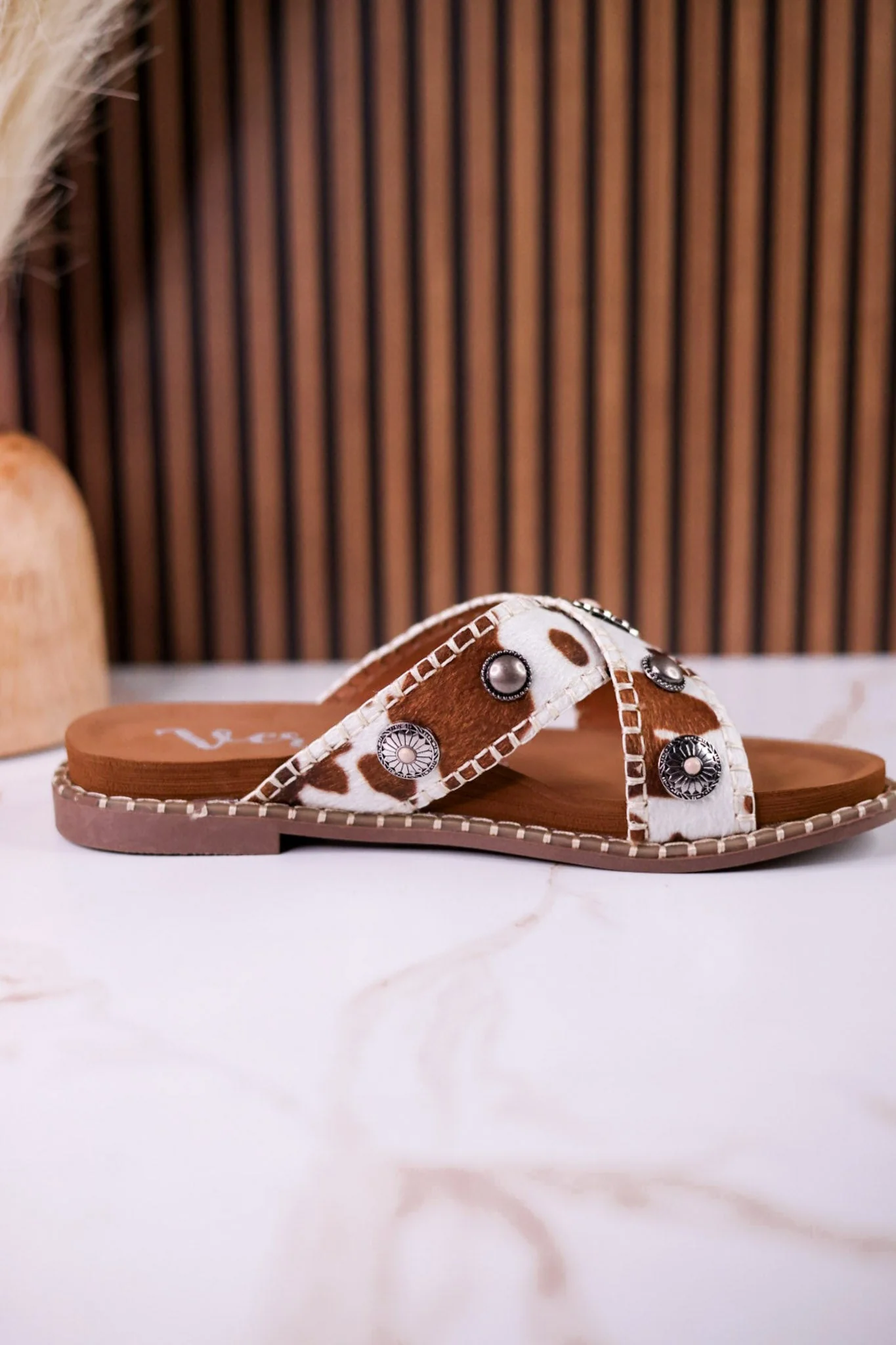 Cream & Tan "Betsy" Faux Hairon Sandals With Concho Accents - Image 8