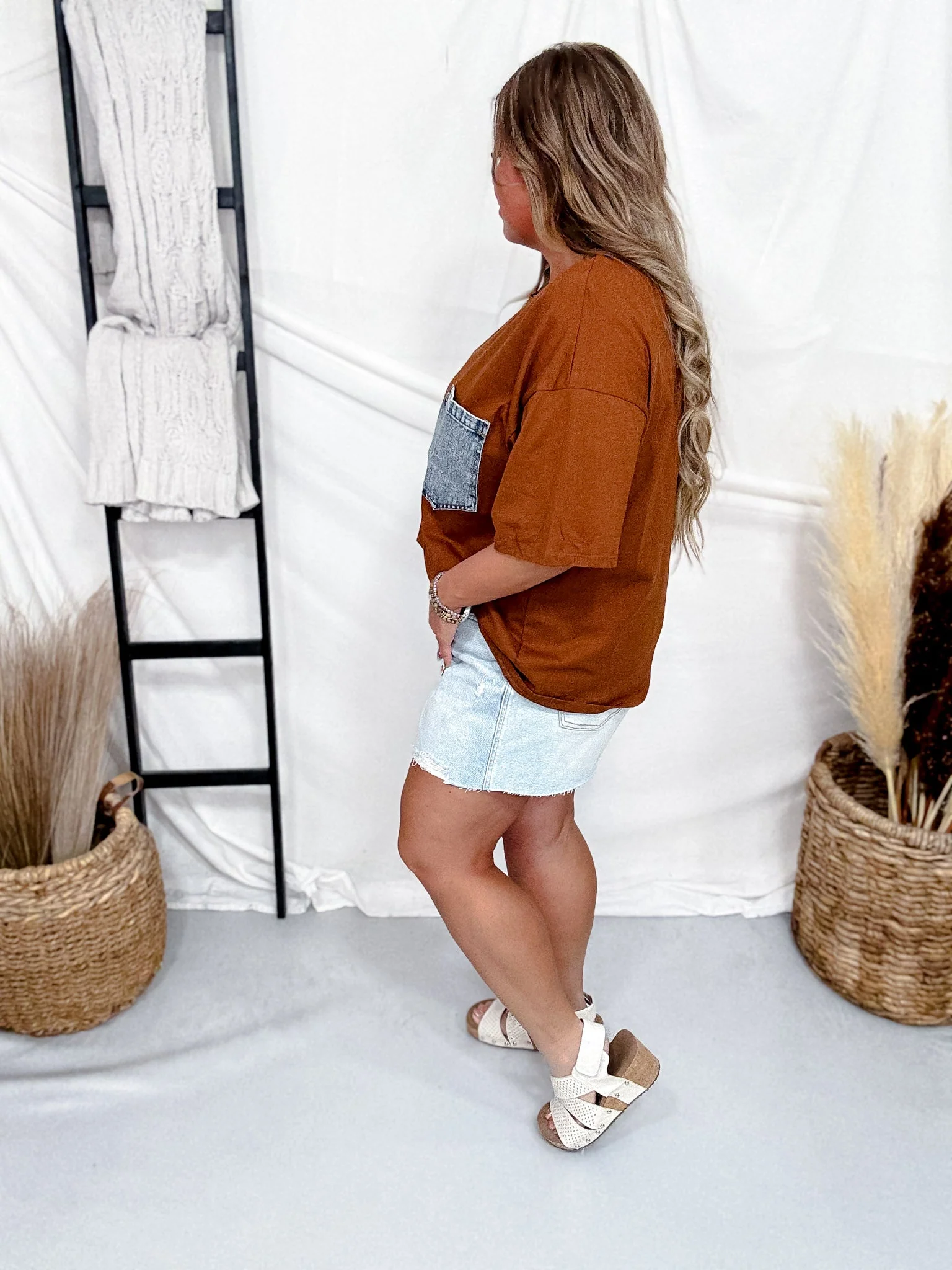 Crewneck Denim Pocket Brown Tunic Top FINAL SALE - Image 5