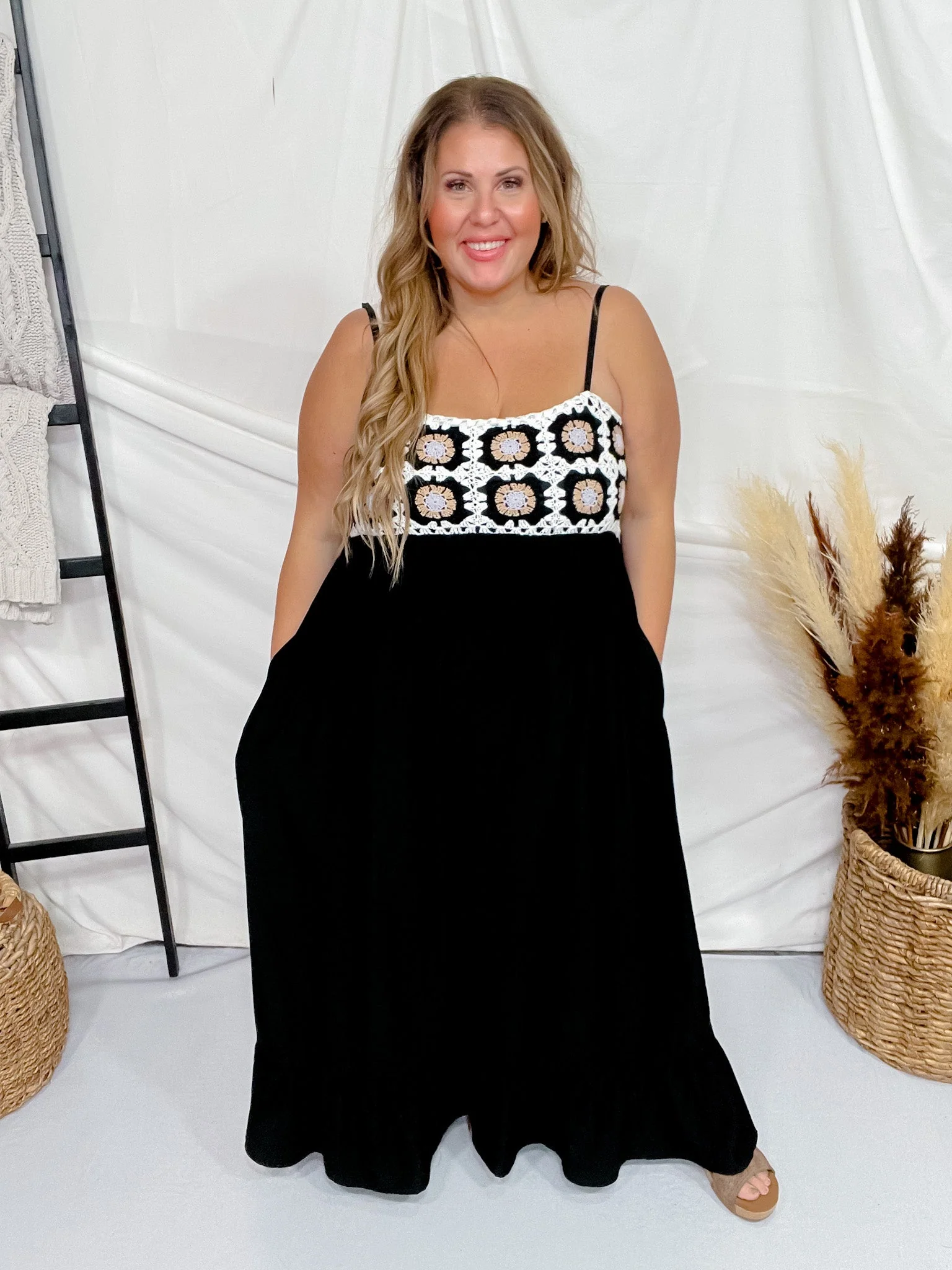 Crochet Bodice Textured Fabric Maxi Dress FINAL SALE