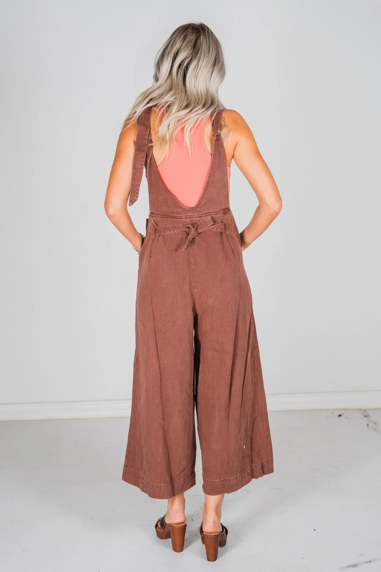 Cropped Wide Leg Brown Coveralls with Floral Embroidery FINAL SALE - Image 11