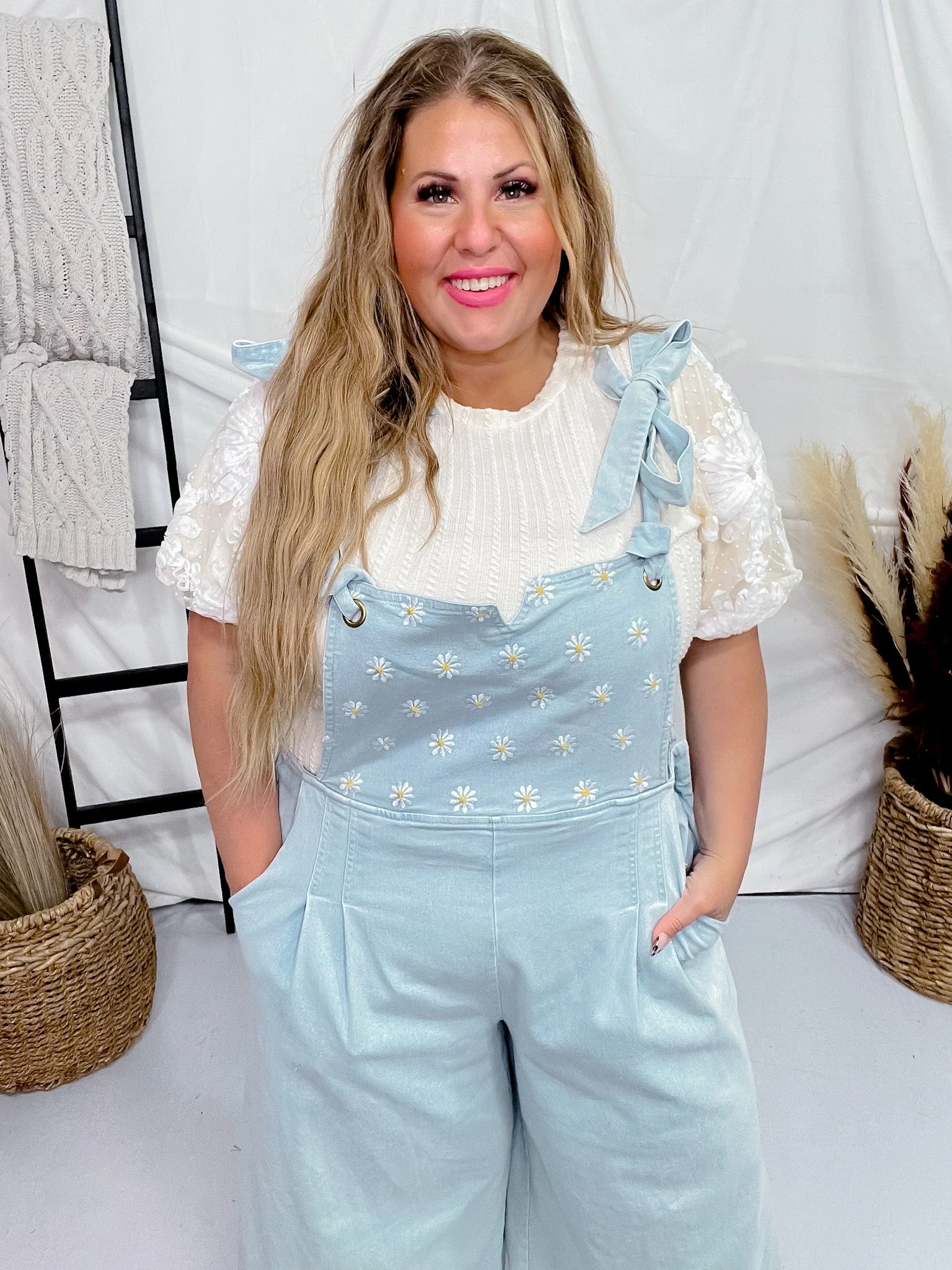 Daisy Embroidered Cropped Wide Leg Overalls FINAL SALE - Image 3