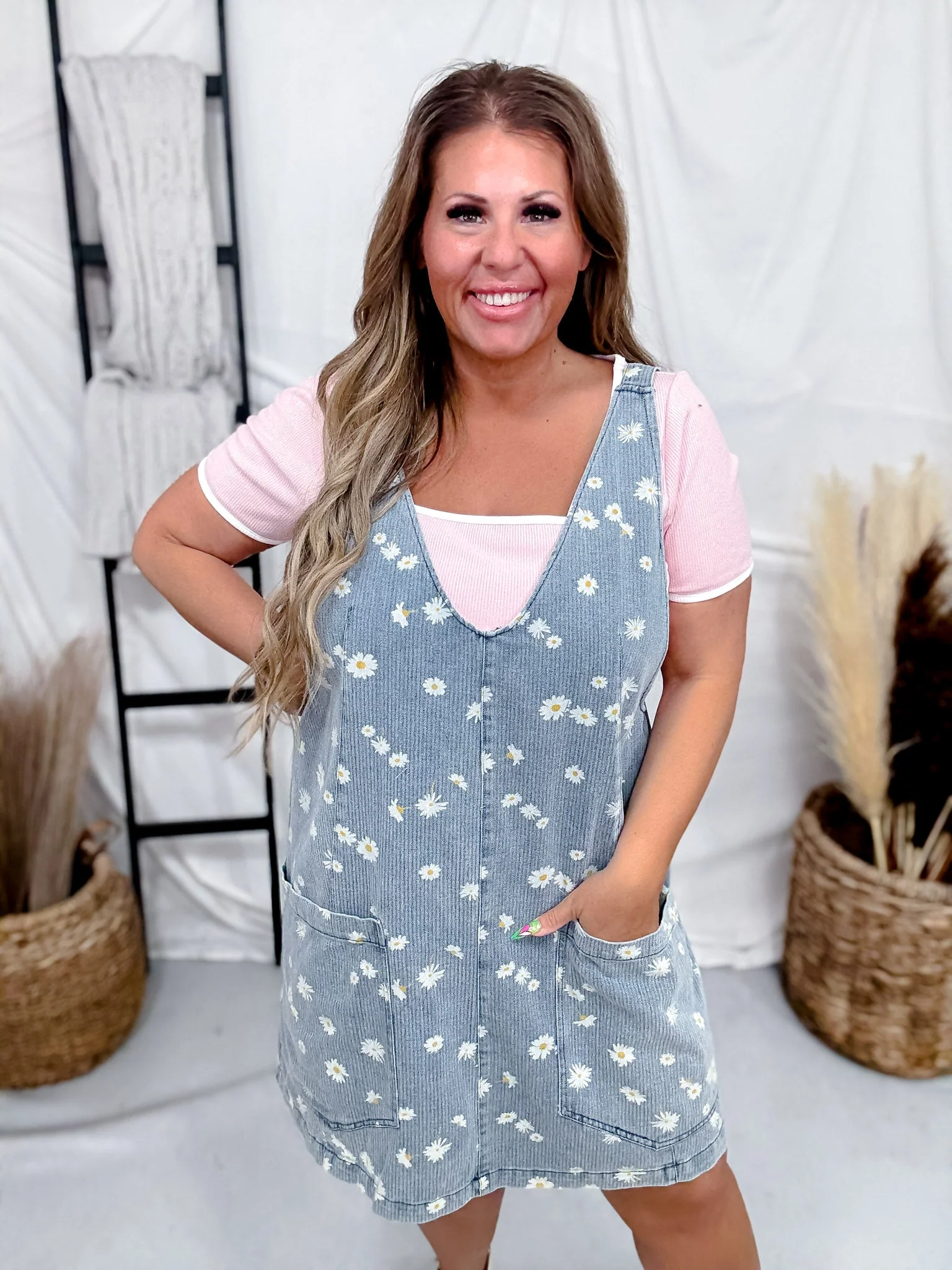 Daisy Print V-Neck Denim Overall Dress FINAL SALE - Image 5