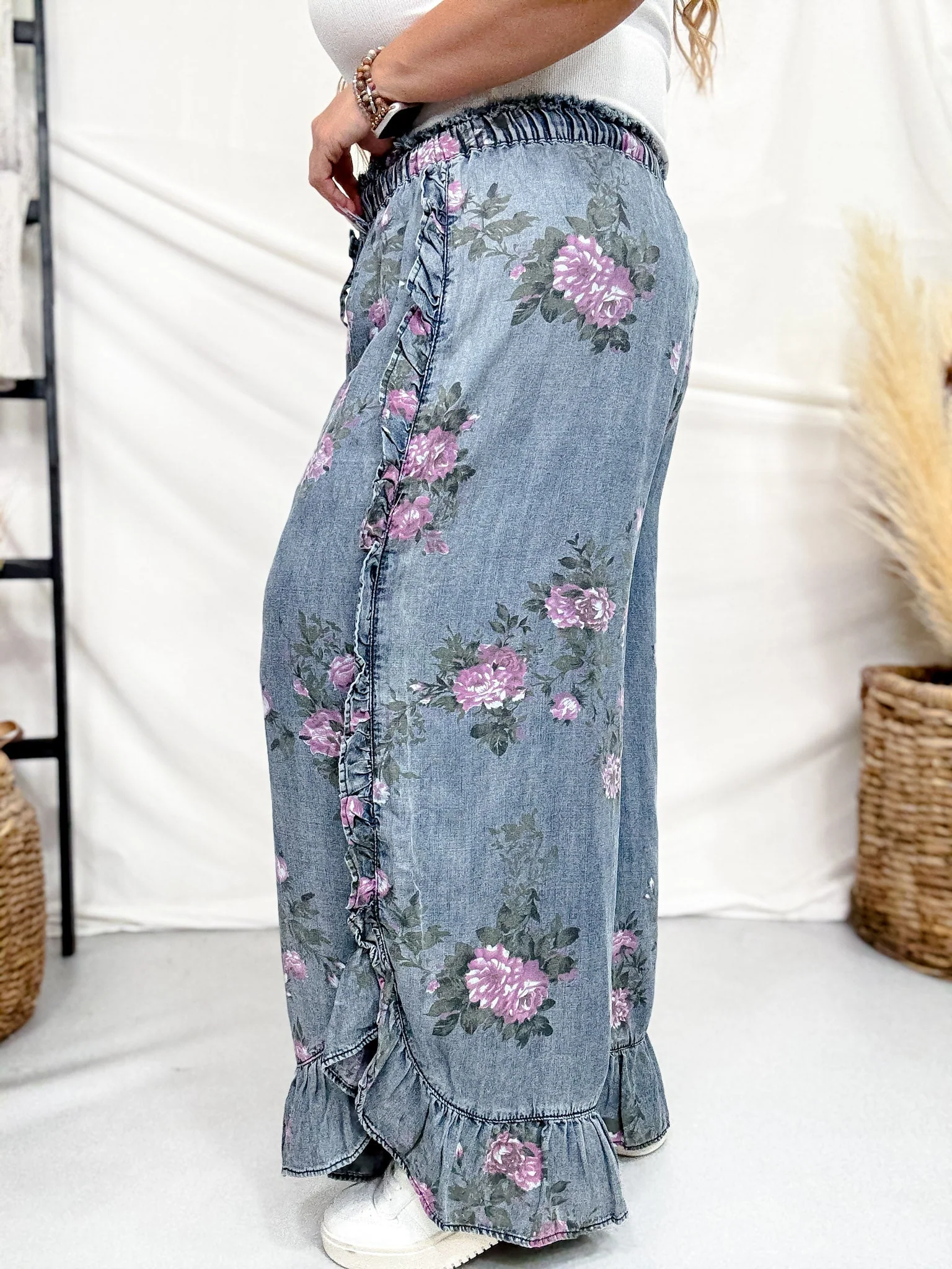 Dark Blue Floral Chambray Pants With Ruffled Hem FINAL SALE - Image 4