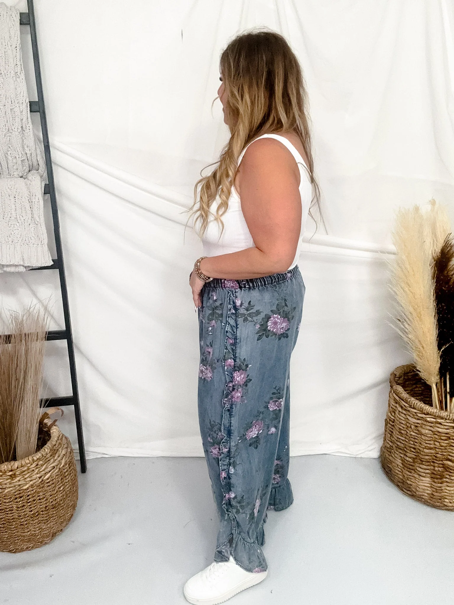 Dark Blue Floral Chambray Pants With Ruffled Hem FINAL SALE - Image 7