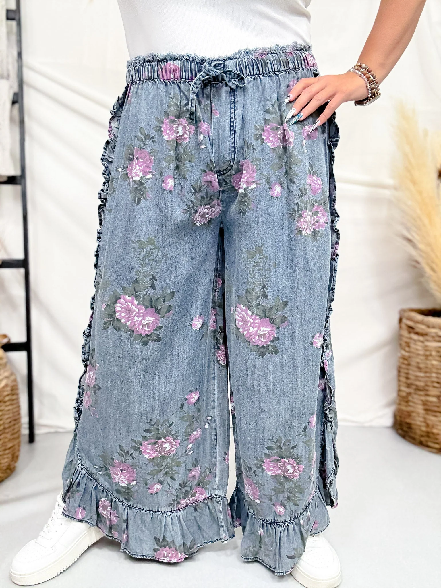 Dark Blue Floral Chambray Pants With Ruffled Hem FINAL SALE - Image 8