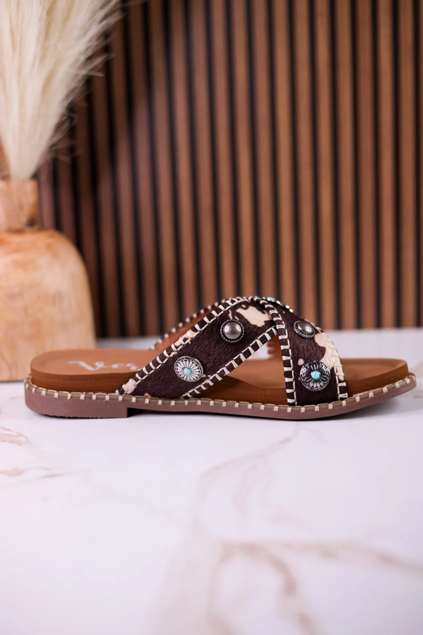 Dark Brown & Tan Faux Hairon Sandals With Turquoise Concho Accents - Image 10