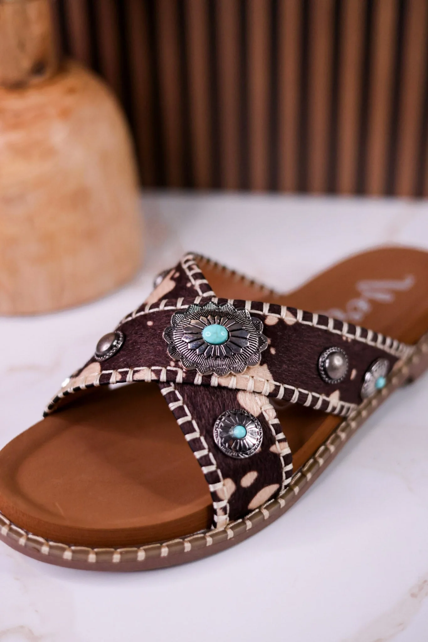 Dark Brown & Tan Faux Hairon Sandals With Turquoise Concho Accents - Image 11