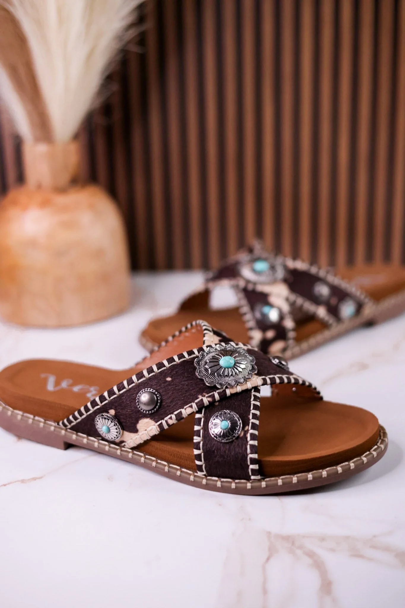 Dark Brown & Tan Faux Hairon Sandals With Turquoise Concho Accents - Image 4