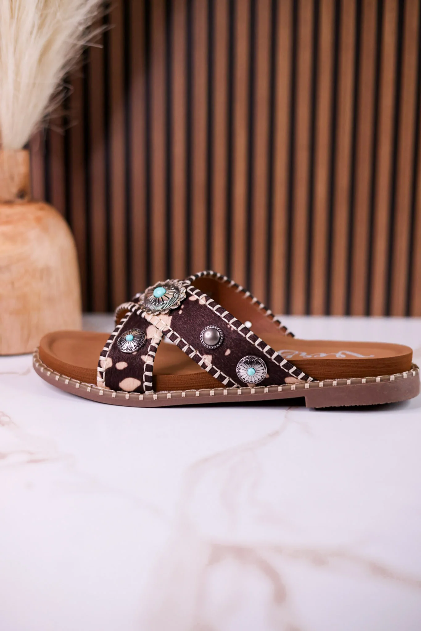 Dark Brown & Tan Faux Hairon Sandals With Turquoise Concho Accents - Image 8