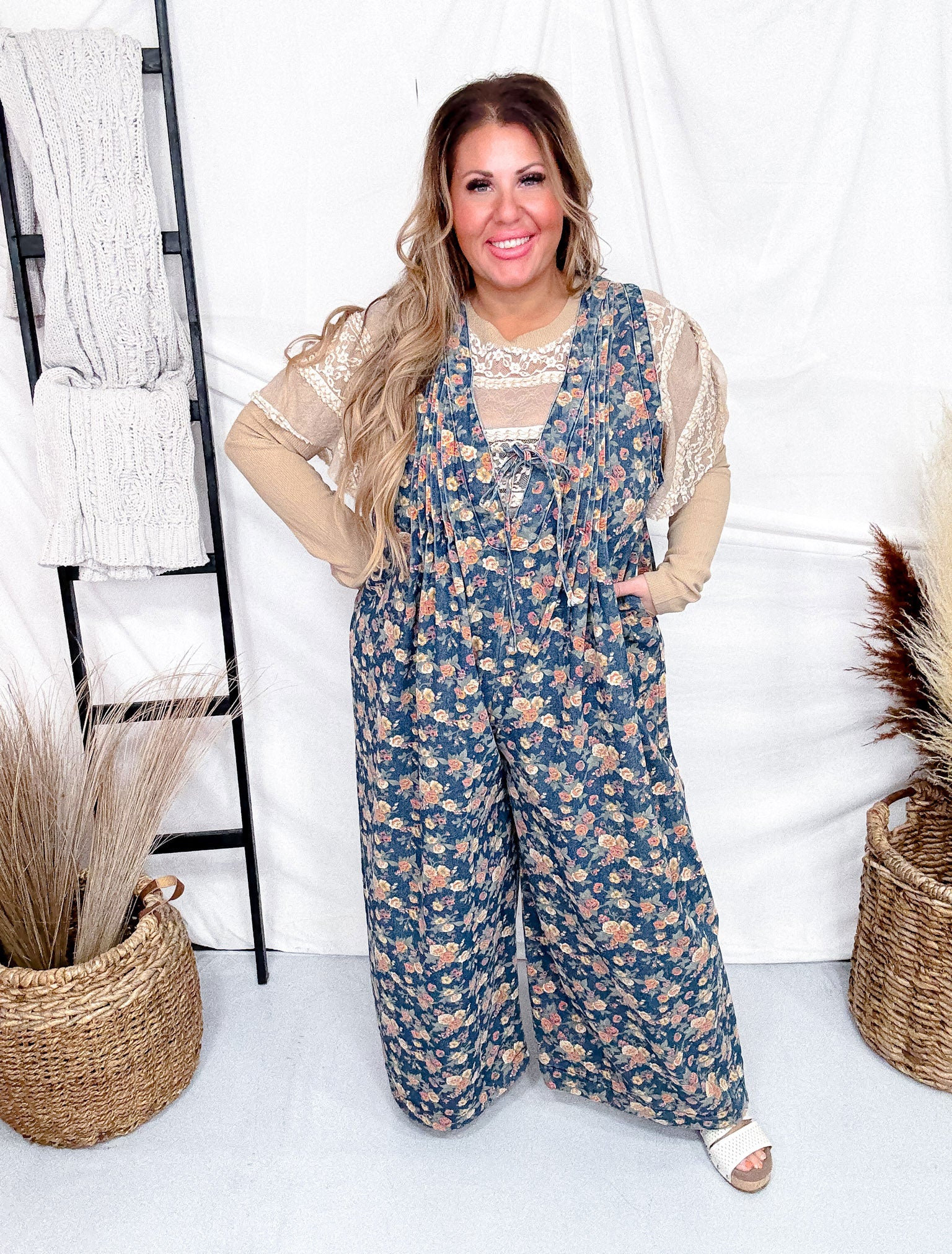 Denim Ditsy Print Pintuck Jumpsuit W/ Side Pockets FINAL SALE - Image 5