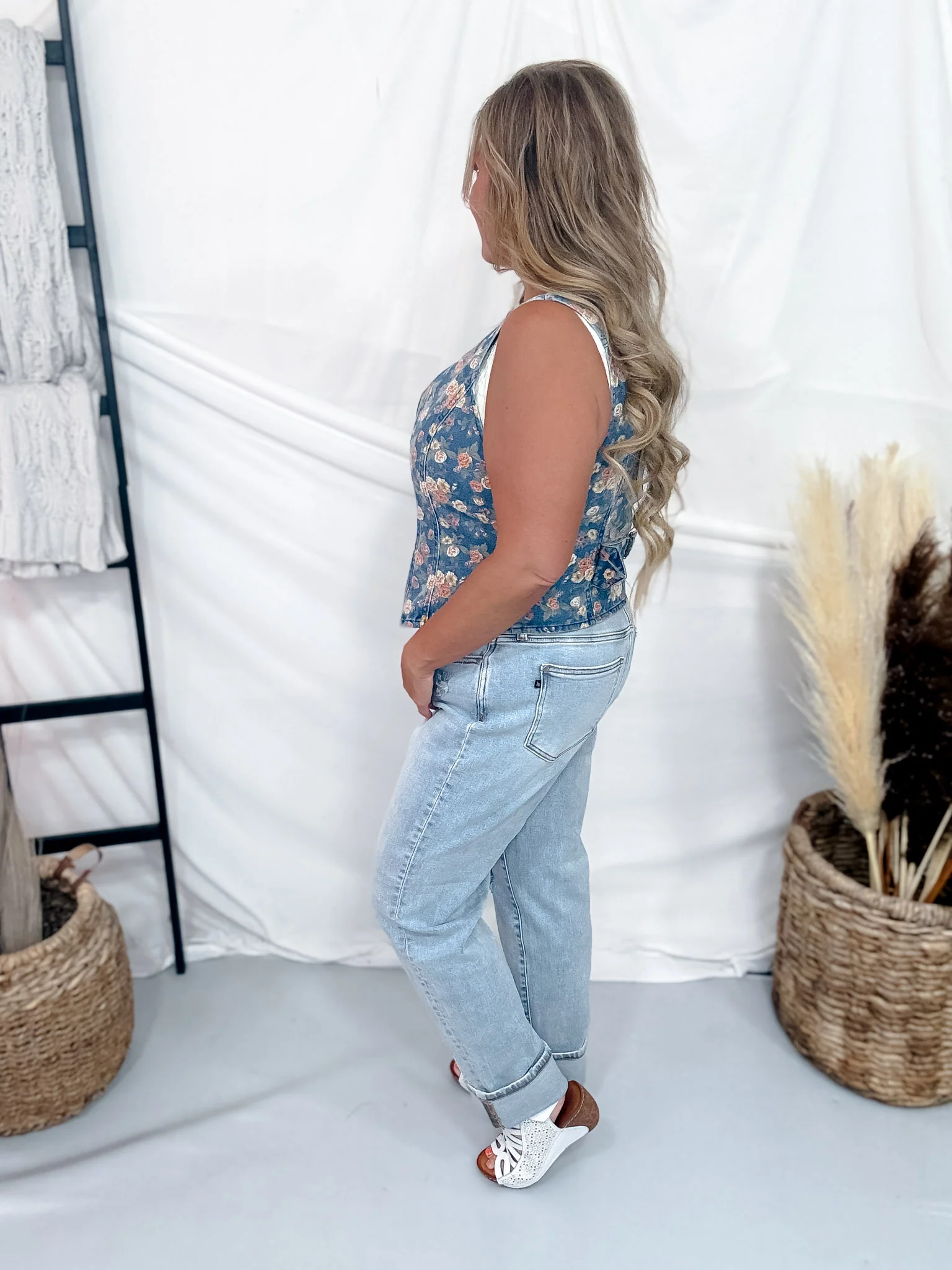 Ditzy Floral Print Button Front Denim Vest - Image 5