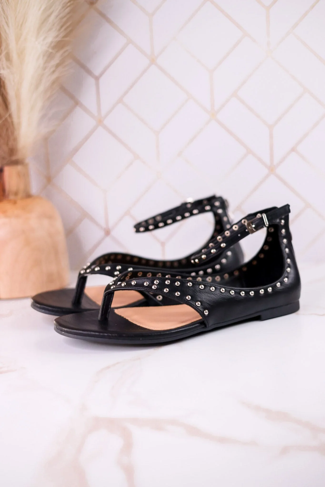 "Don't Be Cringy" Black Studded Ankle Strap Sandals - Image 4