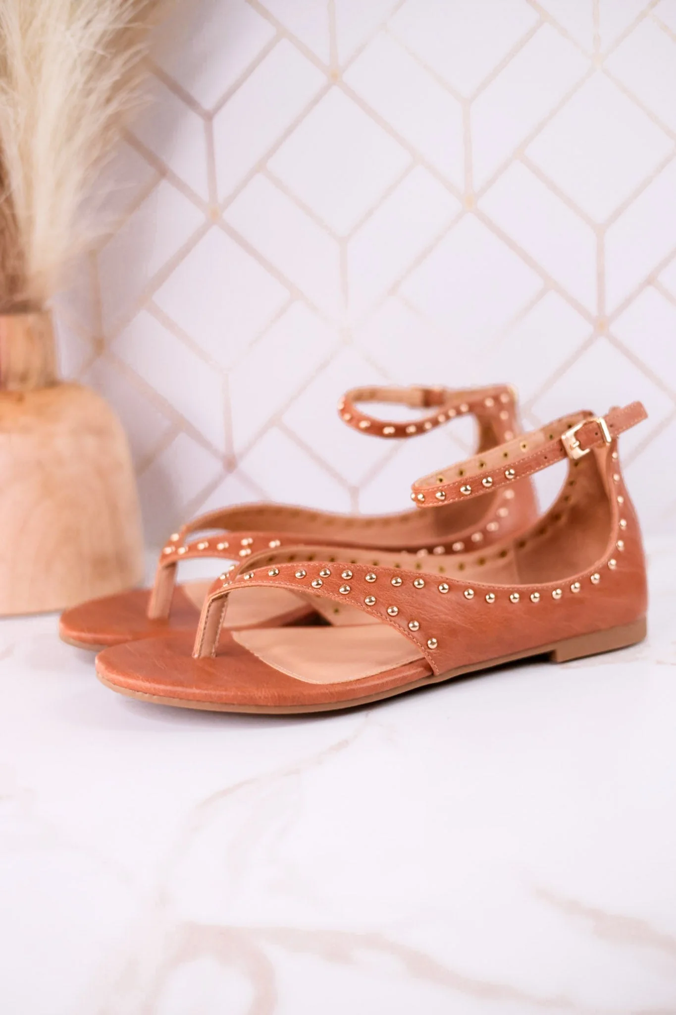 "Don't Be Cringy" Cognac Studded Ankle Strap Sandals - Image 3