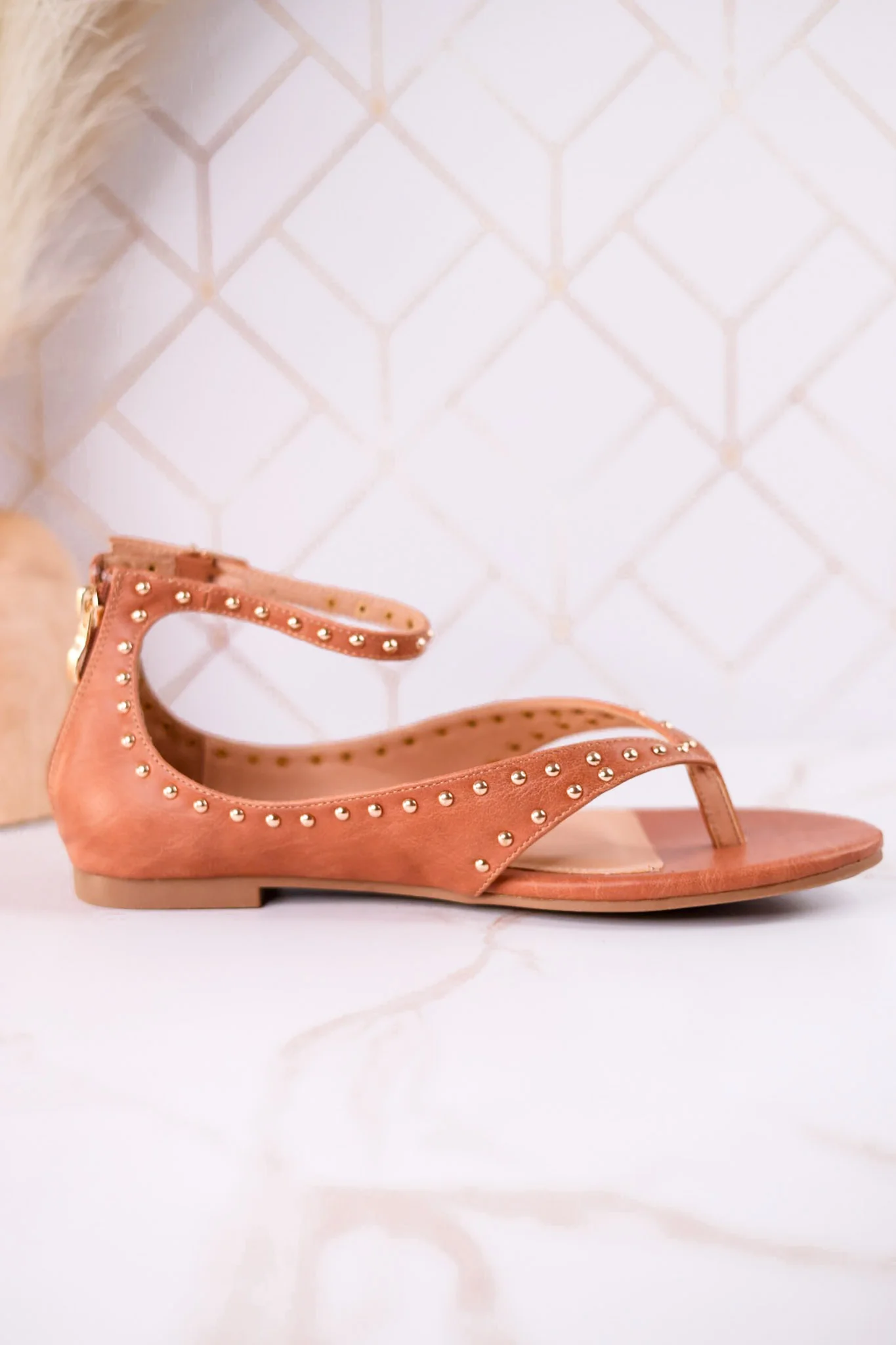"Don't Be Cringy" Cognac Studded Ankle Strap Sandals - Image 7