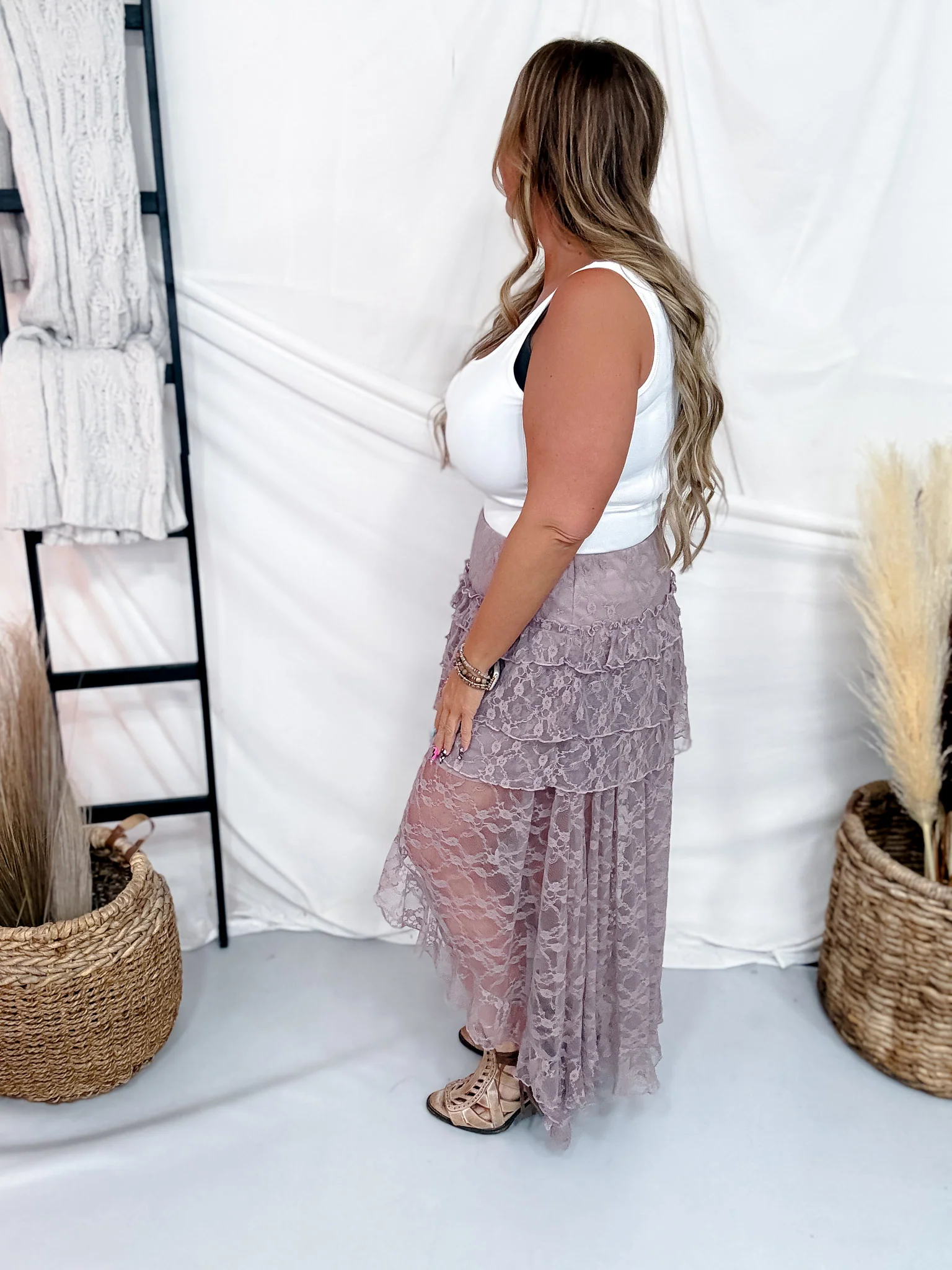 Dusty Lavender Lace Tiered Maxi Skirt - Image 3
