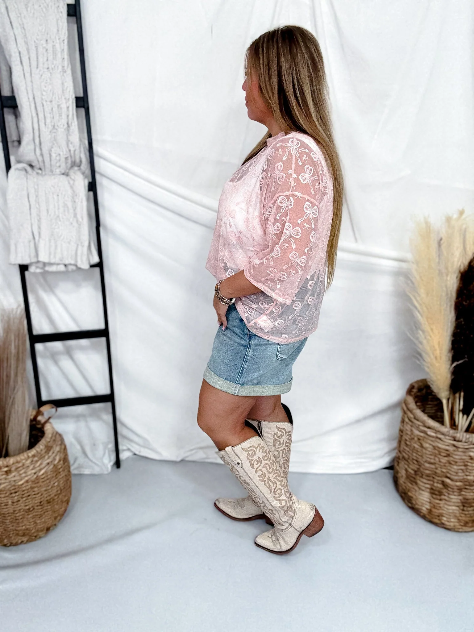 Dusty Rose Bow Patterned Boxy Short Sleeve Mesh Top - Image 5