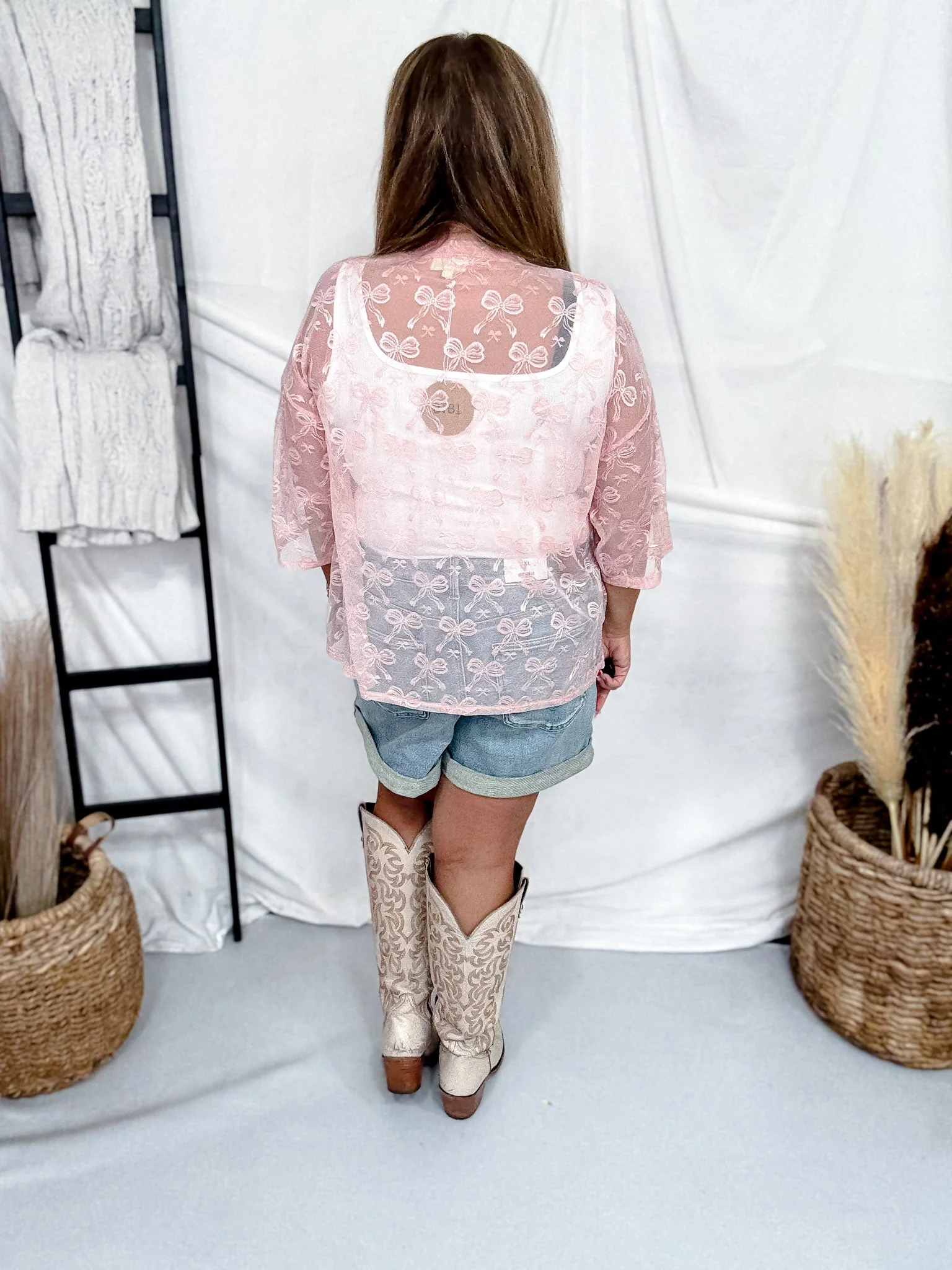 Dusty Rose Bow Patterned Boxy Short Sleeve Mesh Top - Image 6