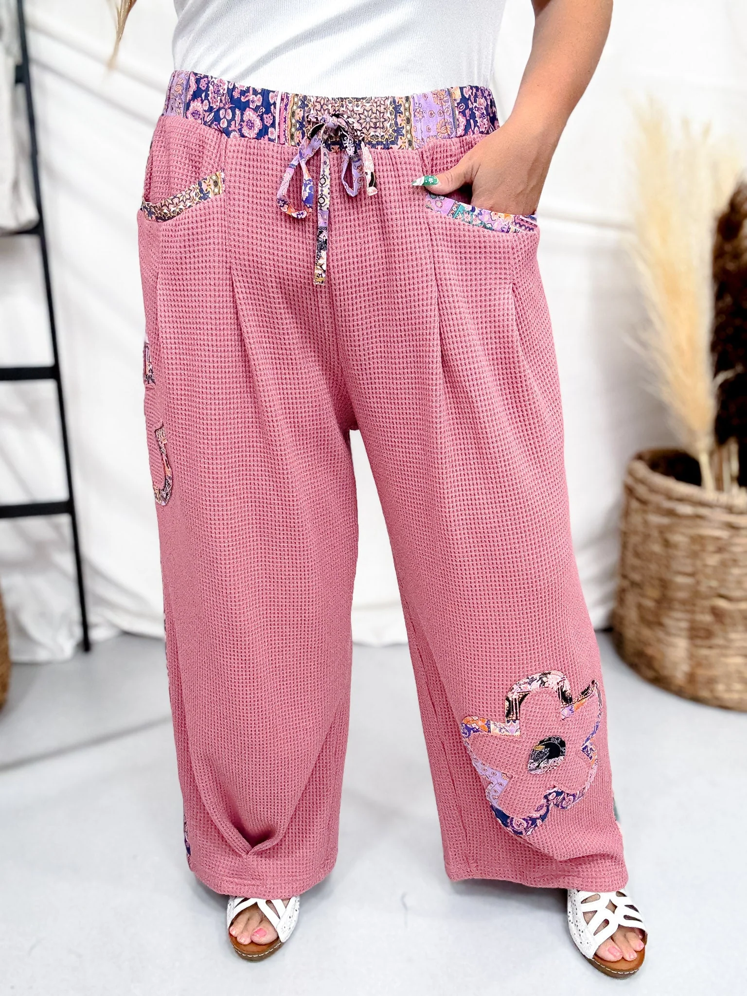Dusty Rose Waffle Knit Lounge Pants With Floral Appliques FINAL SALE