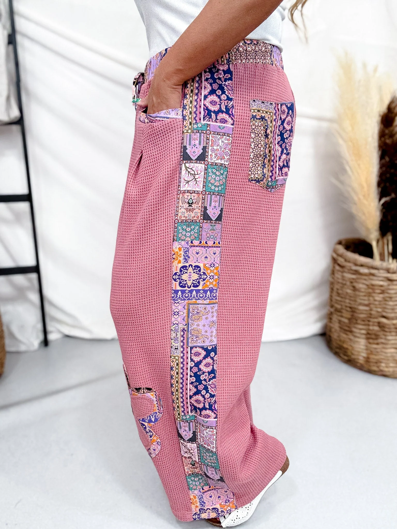 Dusty Rose Waffle Knit Lounge Pants With Floral Appliques FINAL SALE - Image 3