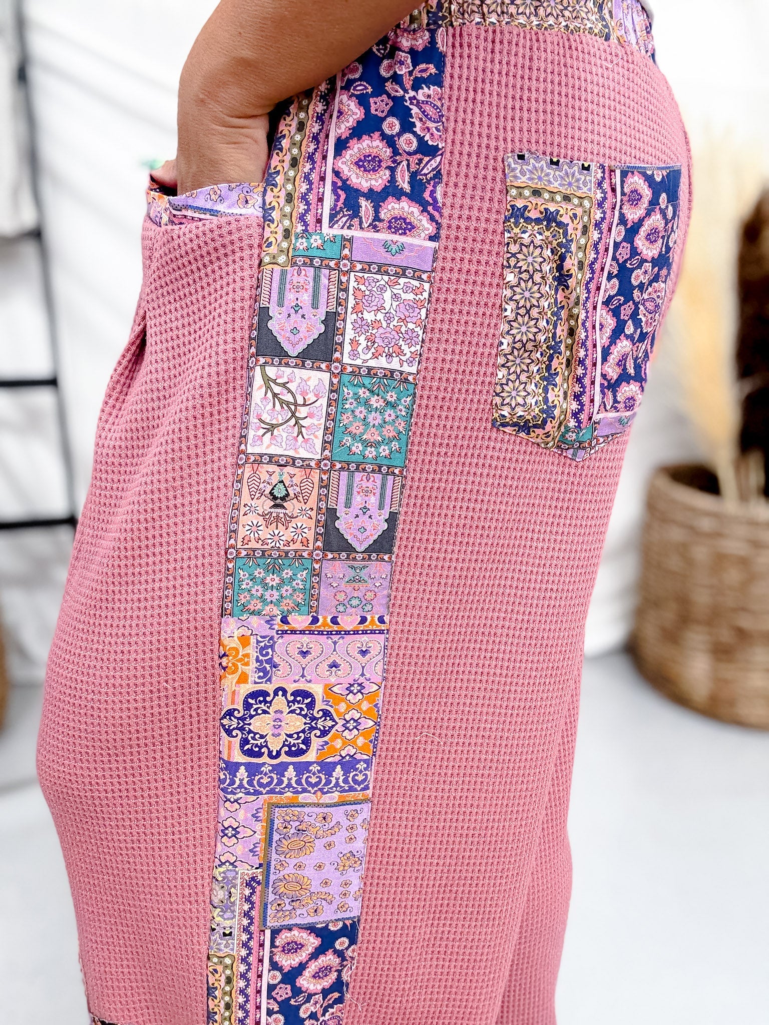 Dusty Rose Waffle Knit Lounge Pants With Floral Appliques FINAL SALE - Image 5