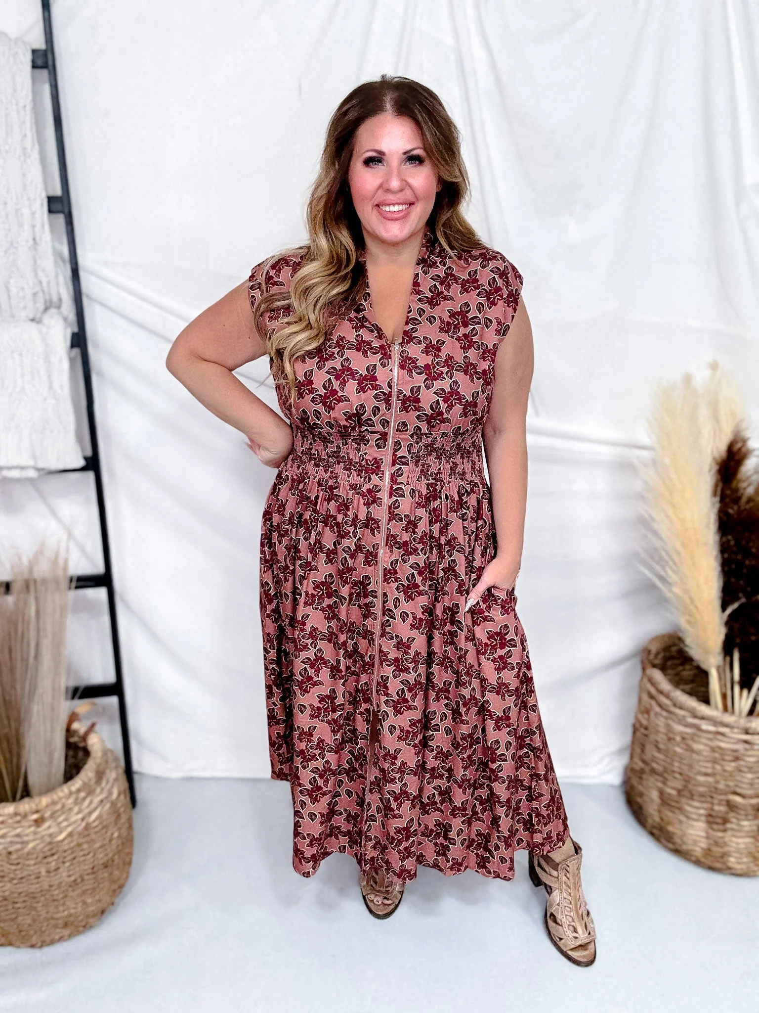 Dusty Rose & Wine Floral Print Zip Front Midi Dress FINAL SALE - Image 6