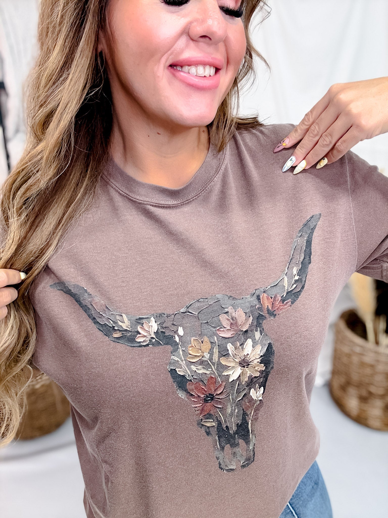 Espresso Brown Floral Cow Skull Graphic Tee - Image 3