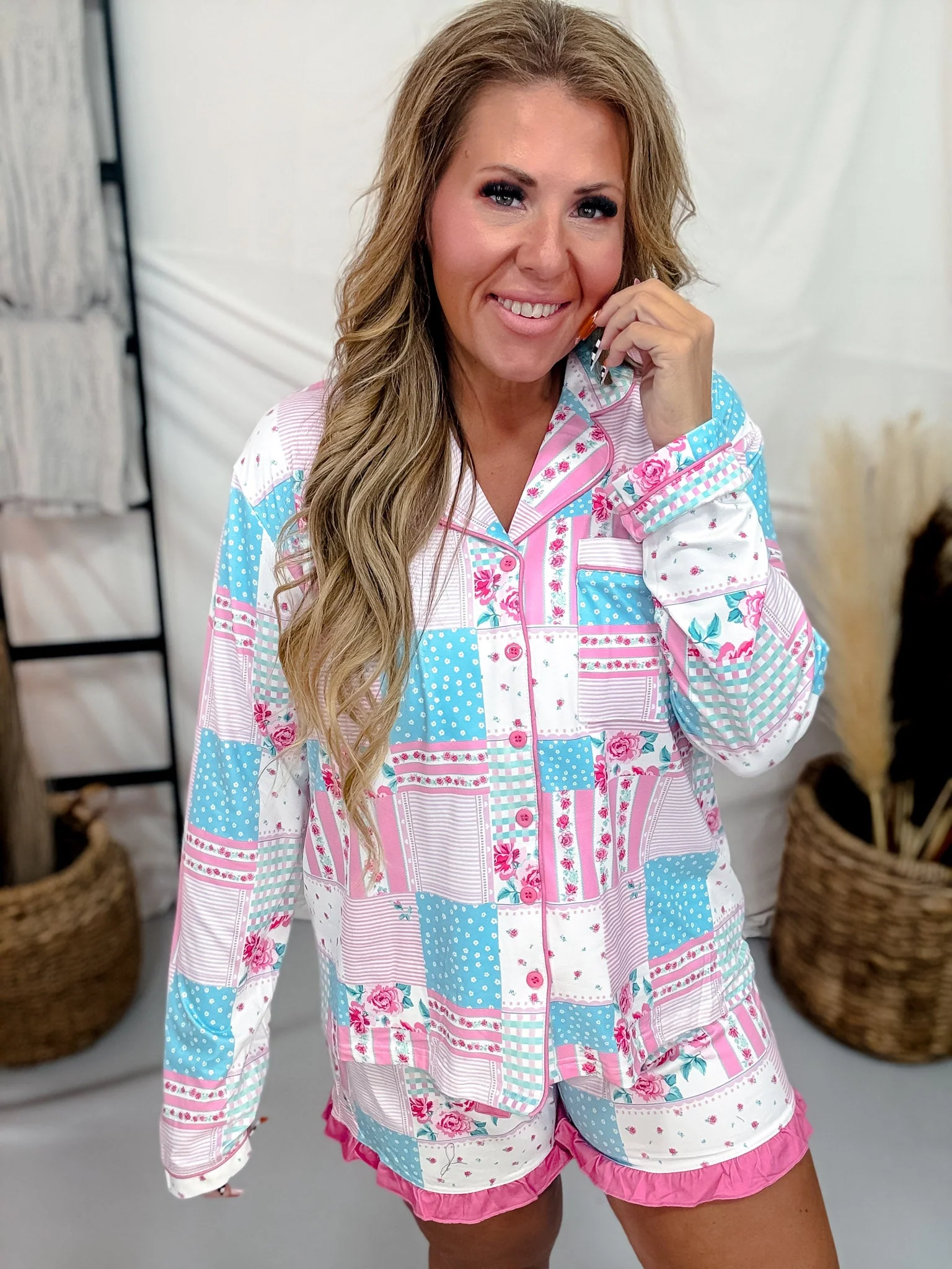 Floral Heirloom Patchwork Long Sleeve Top W/ Shorts Pajama Set - Image 7