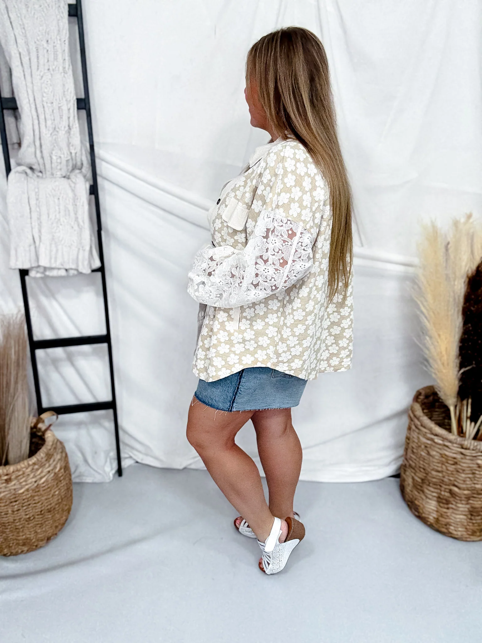 Floral Jaquard Shacket With Lace Sleeves - Image 6