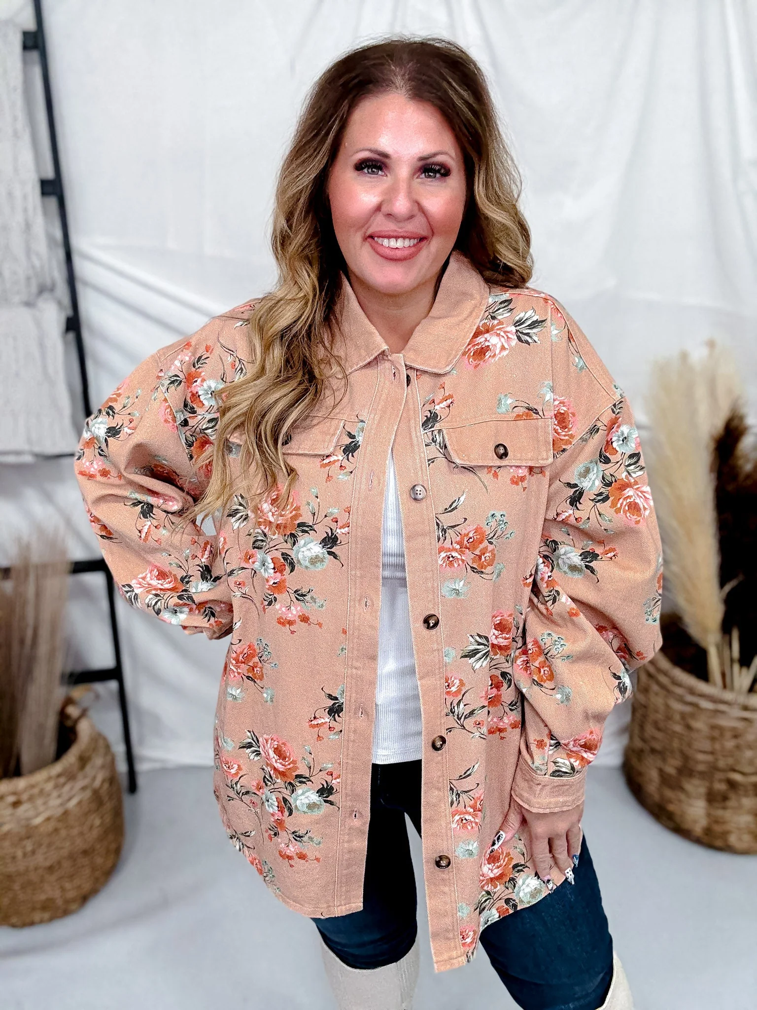 Floral Print Denim Shacket In Vintage Latte FINAL SALE - Image 7