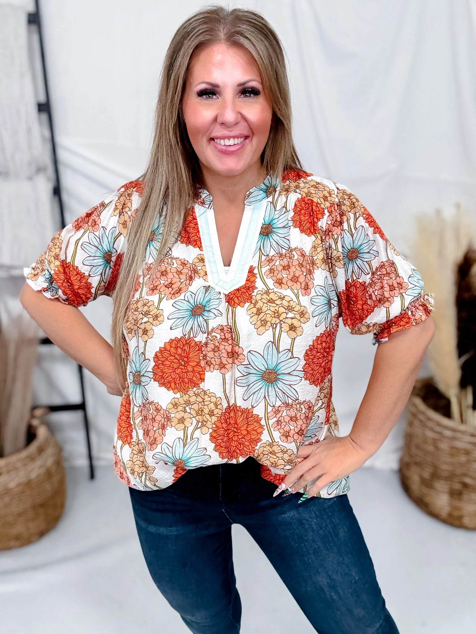 Floral Print Split V-Neck Top With Puff Sleeves In Mint & Orange FINAL SALE
