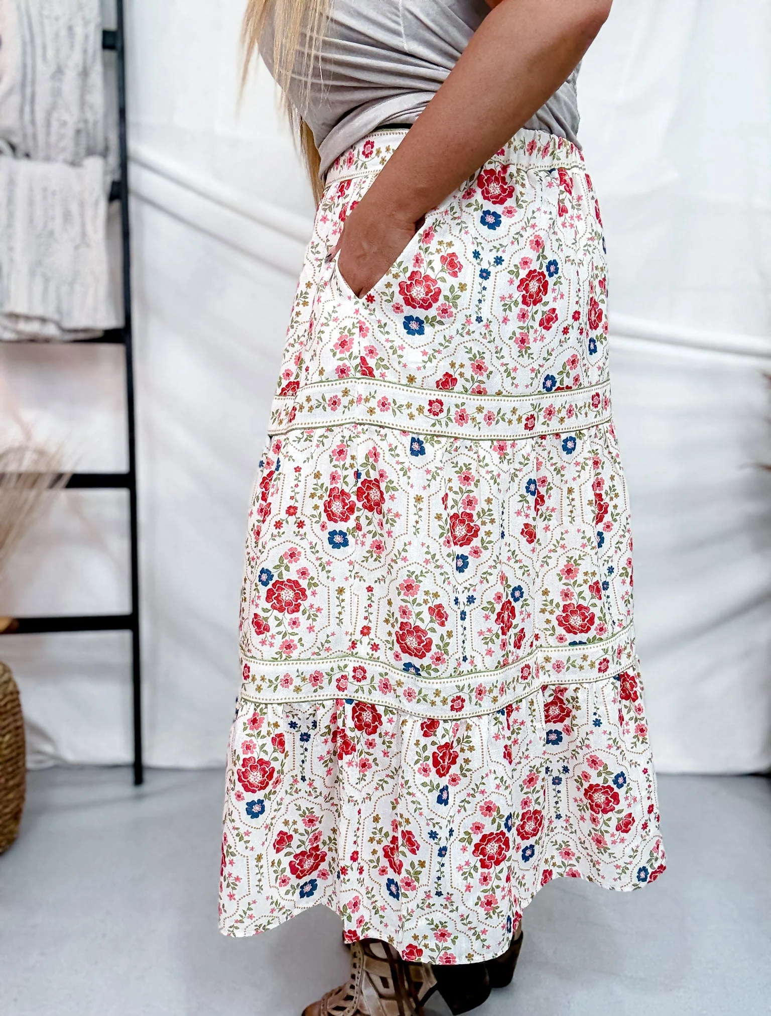 Floral Print Tiered Maxi Skirt With Elastic Waist FINAL SALE - Image 8