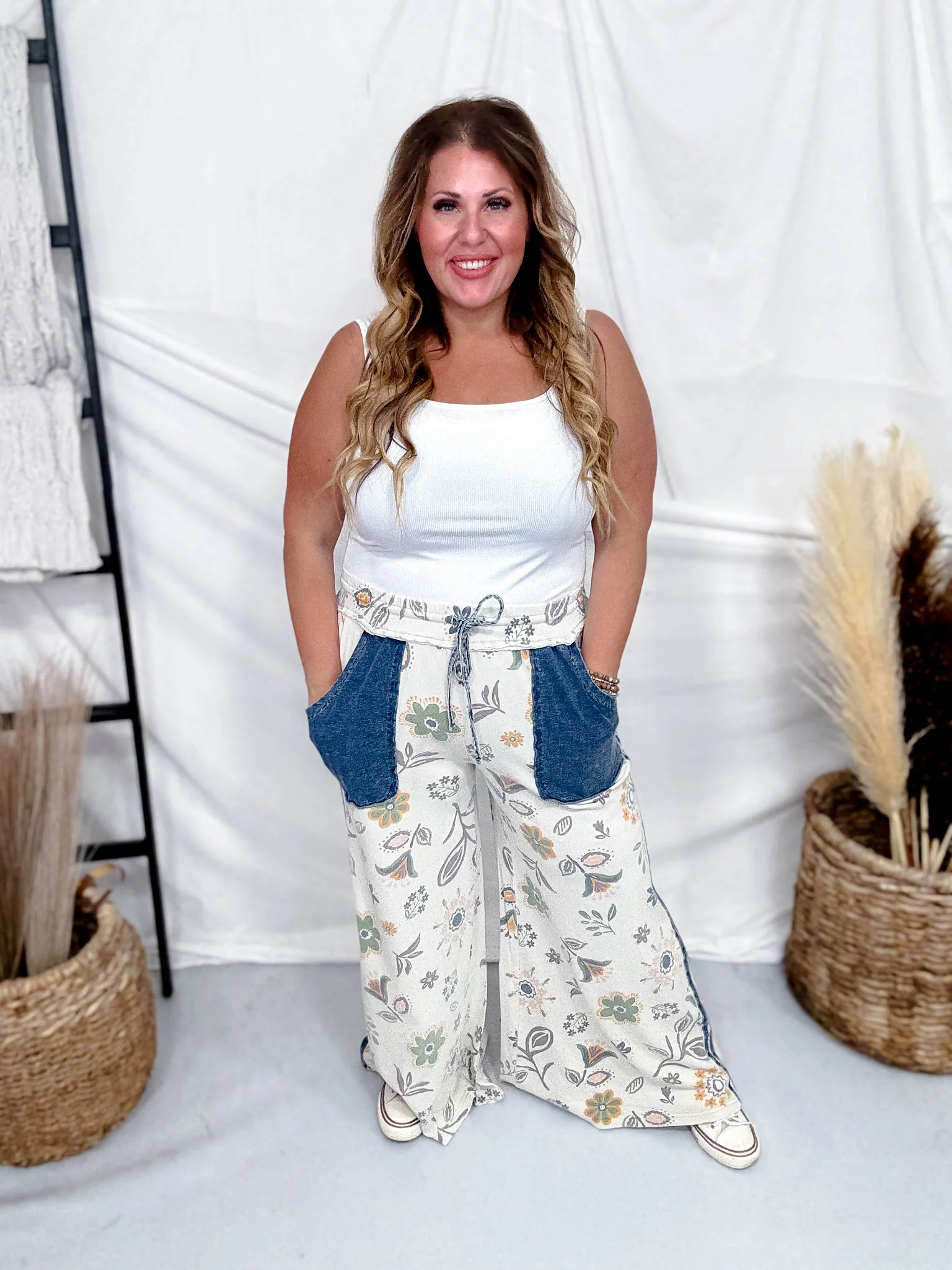 Floral Print Wide Leg Pants With Denim Patch Pockets FINAL SALE - Image 8