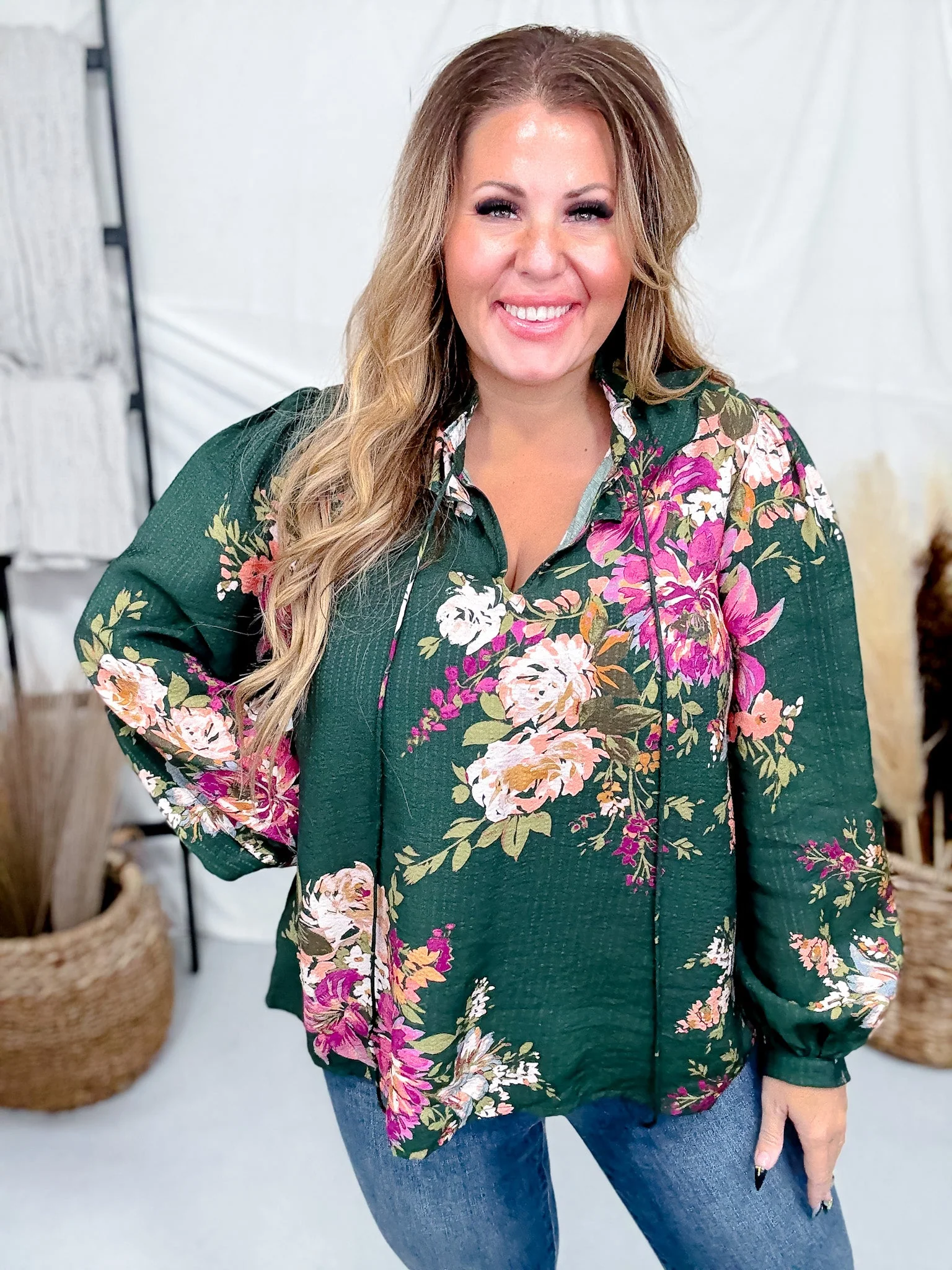 Floral Printed Forest Green Long Sleeve Blouse W/ Ruffled Neckline FINAL SALE