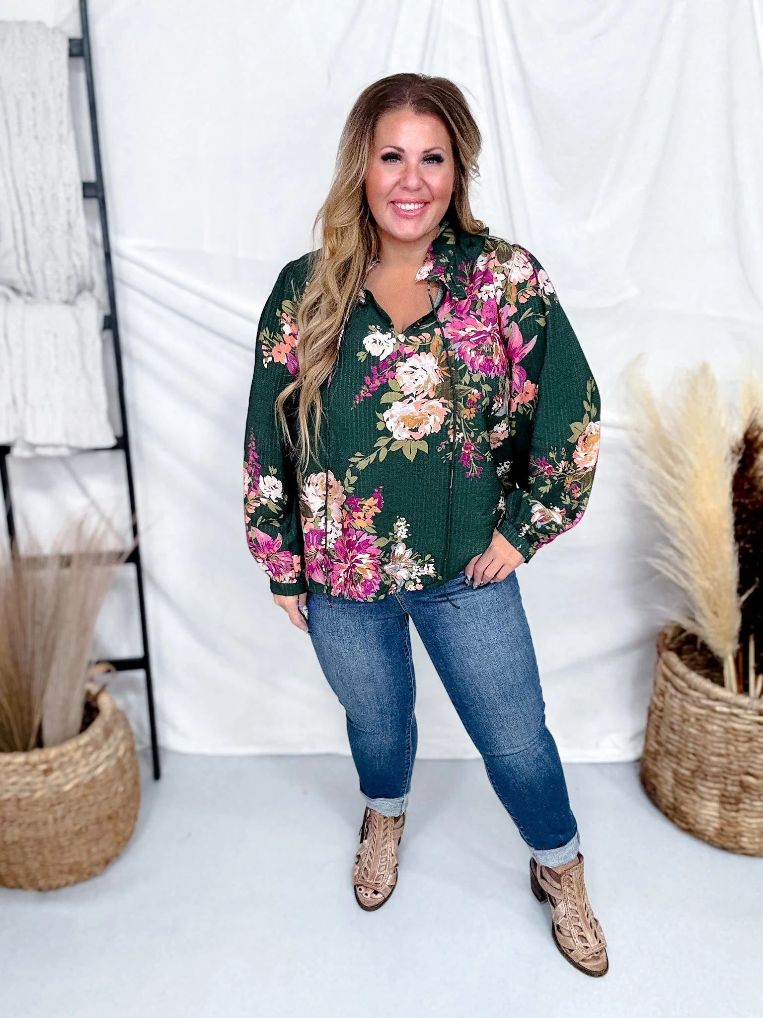 Floral Printed Forest Green Long Sleeve Blouse W/ Ruffled Neckline FINAL SALE - Image 2