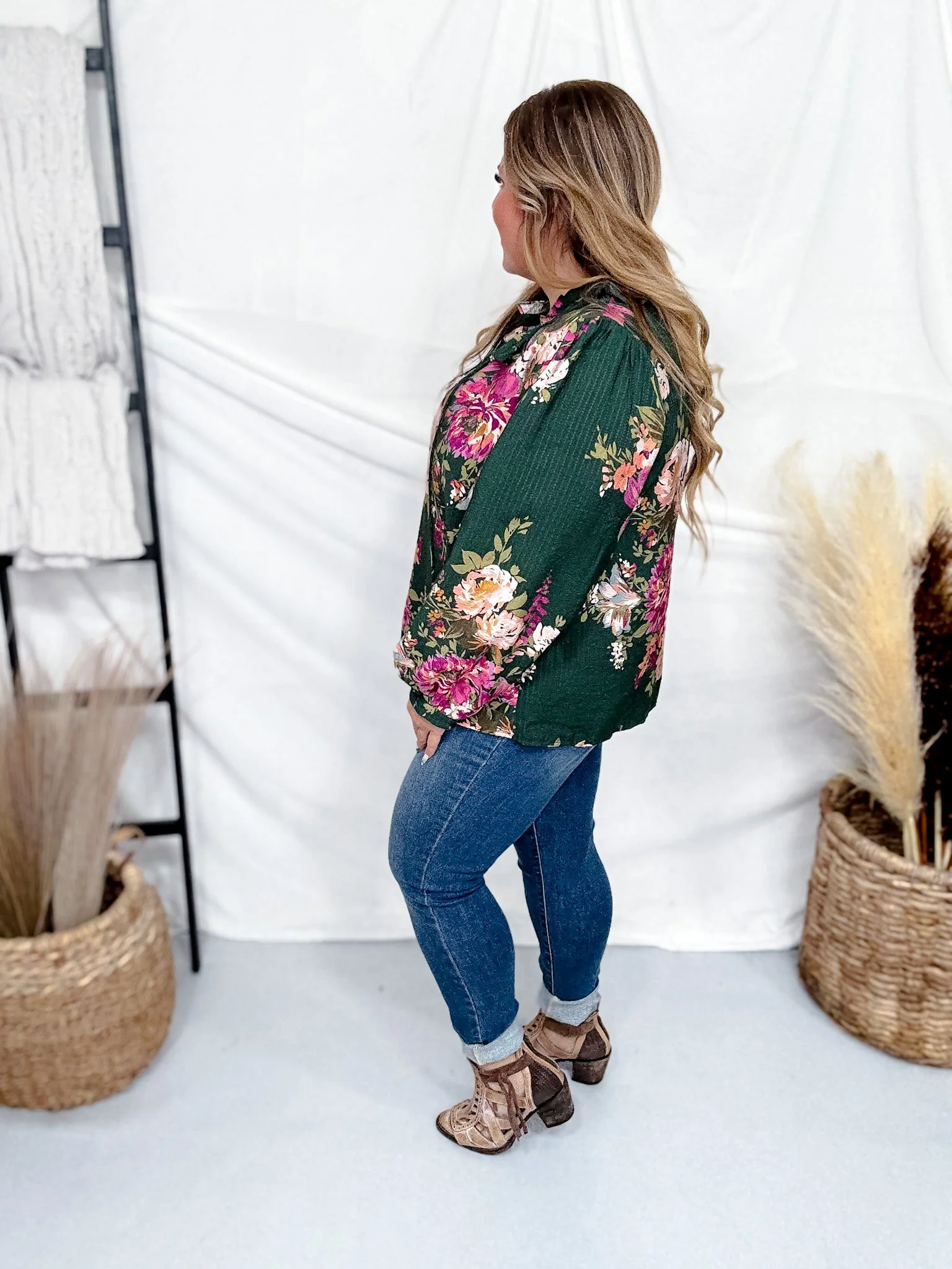 Floral Printed Forest Green Long Sleeve Blouse W/ Ruffled Neckline FINAL SALE - Image 3
