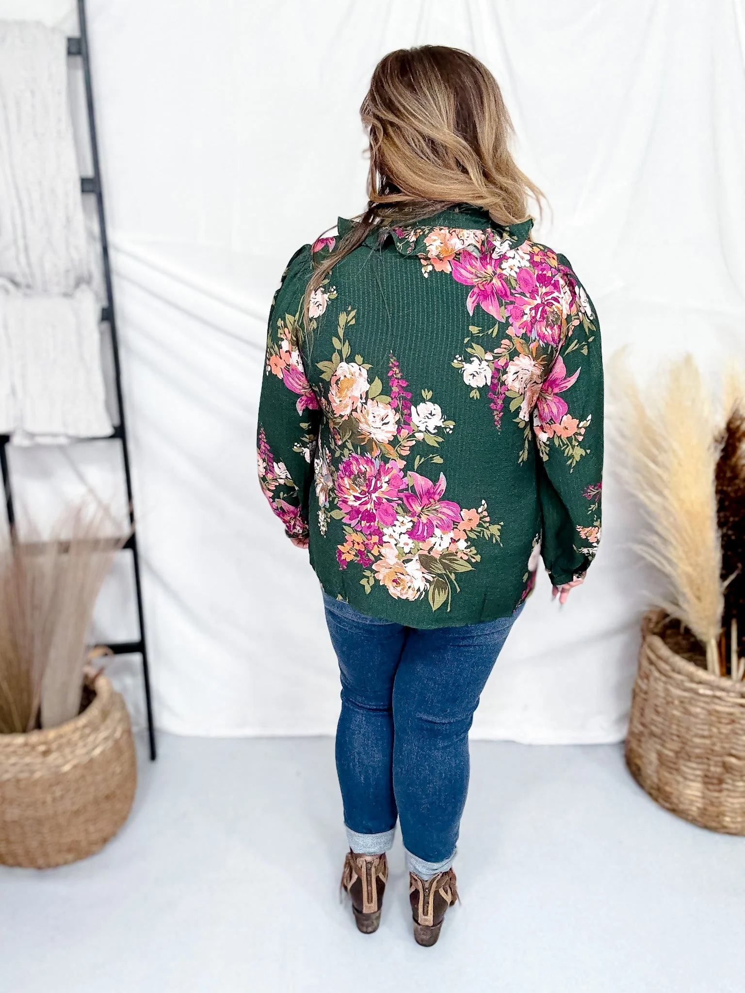 Floral Printed Forest Green Long Sleeve Blouse W/ Ruffled Neckline FINAL SALE - Image 4