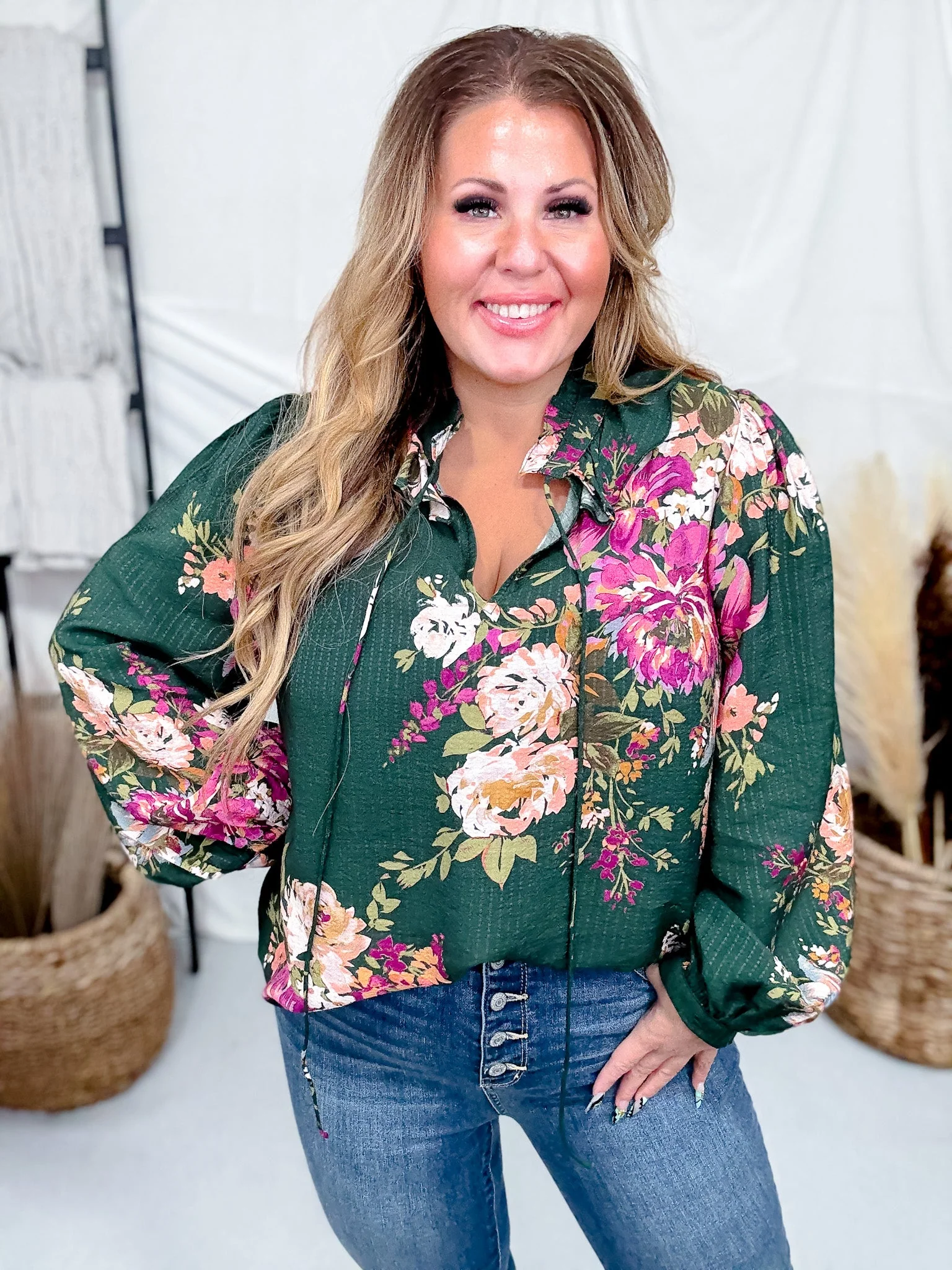 Floral Printed Forest Green Long Sleeve Blouse W/ Ruffled Neckline FINAL SALE - Image 5