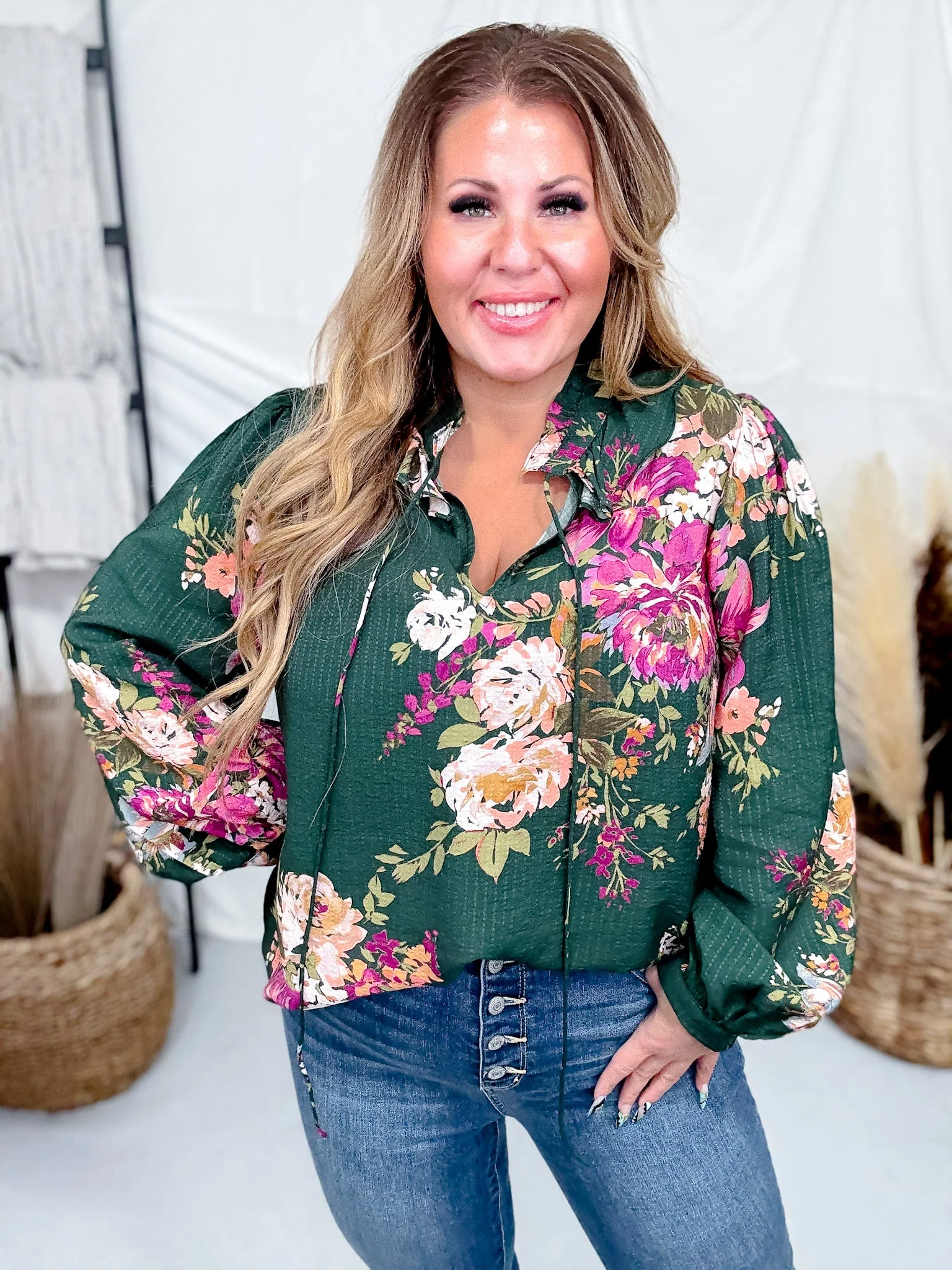 Floral Printed Forest Green Long Sleeve Blouse W/ Ruffled Neckline FINAL SALE - Image 6