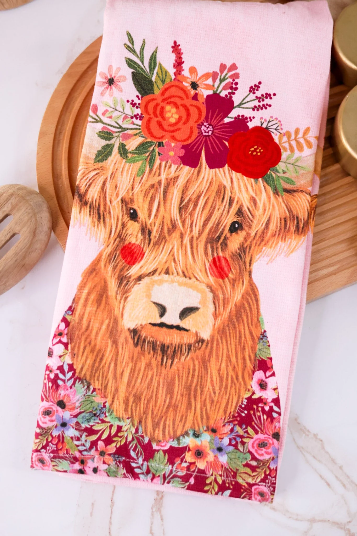 Flowers Everywhere Highland Cow Dual Purpose Kitchen Towel