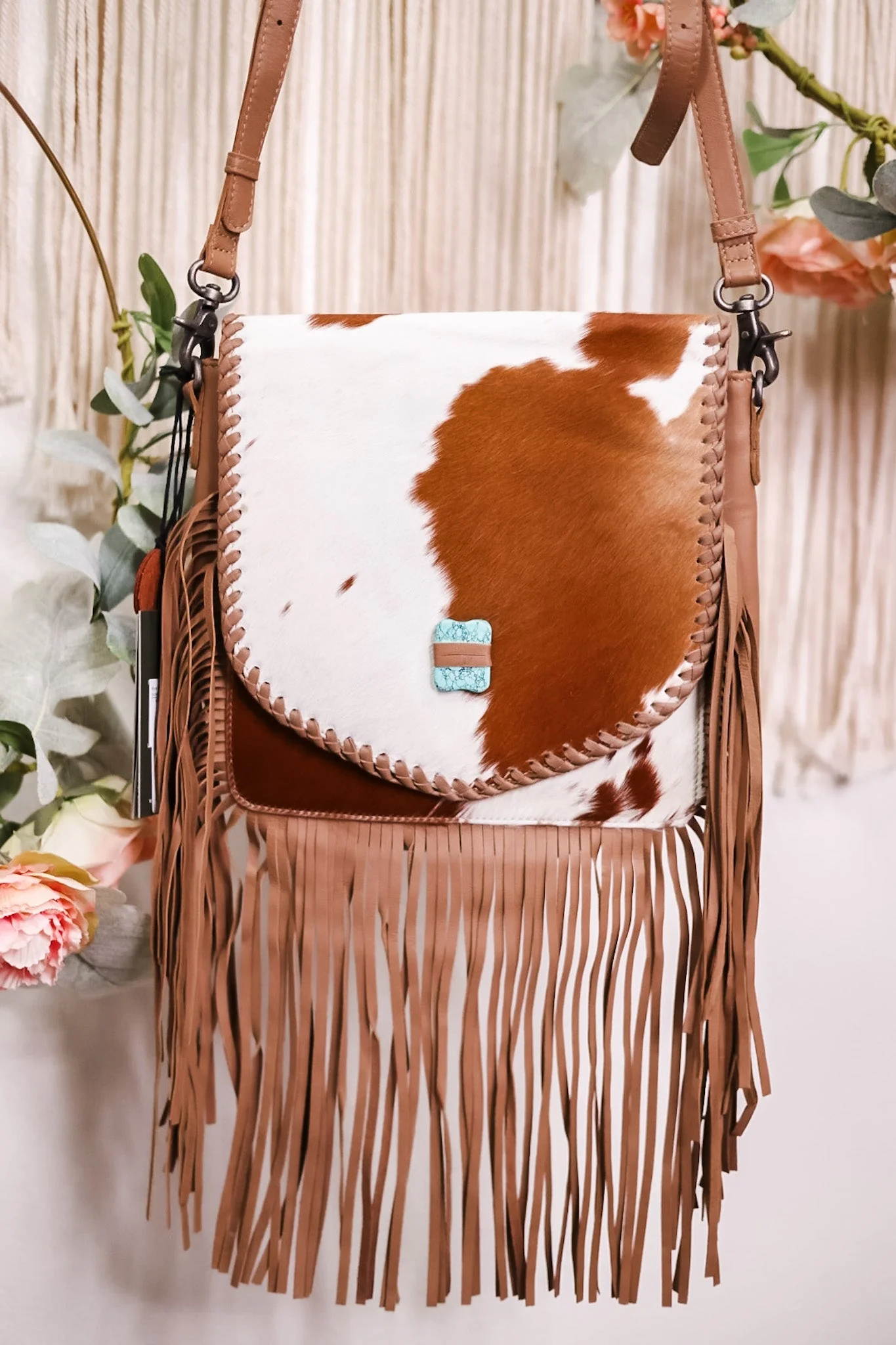 Fringed Leather and Hair On Hide Bag with Turquoise Accent Stone FINAL SALE - Image 5