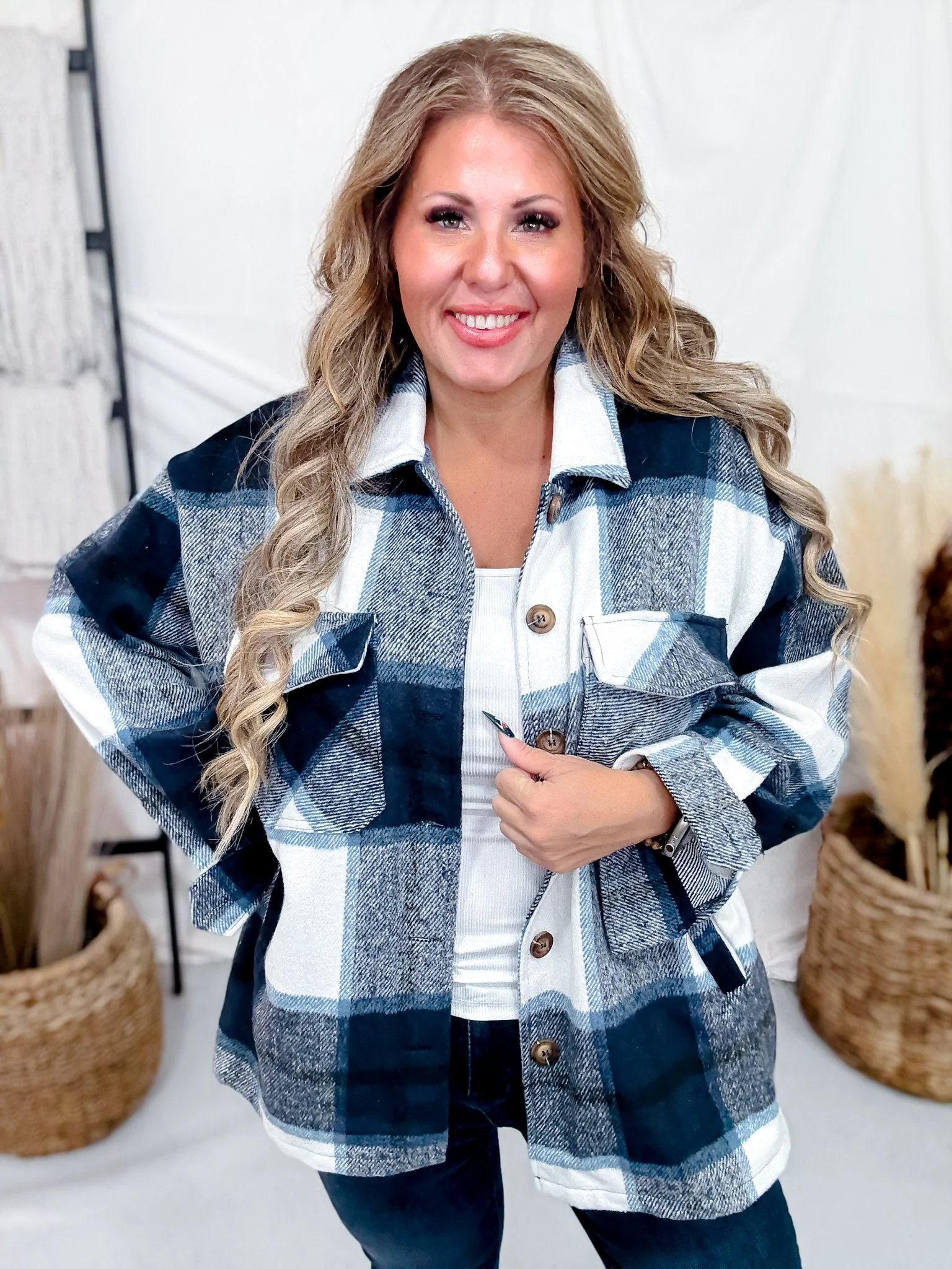 Fuzzy Navy Plaid Flannel Shacket FINAL SALE - Image 4