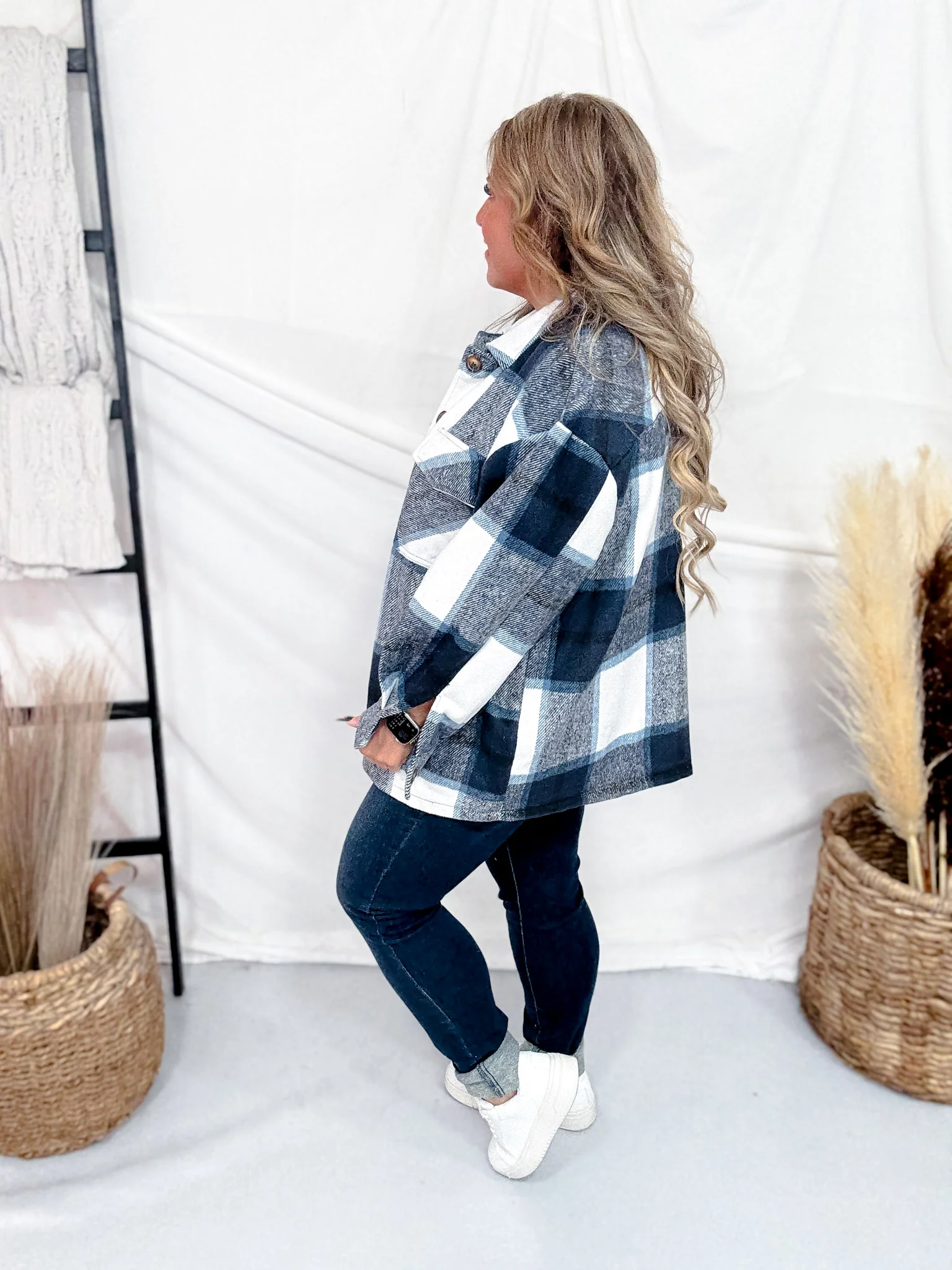 Fuzzy Navy Plaid Flannel Shacket FINAL SALE - Image 6