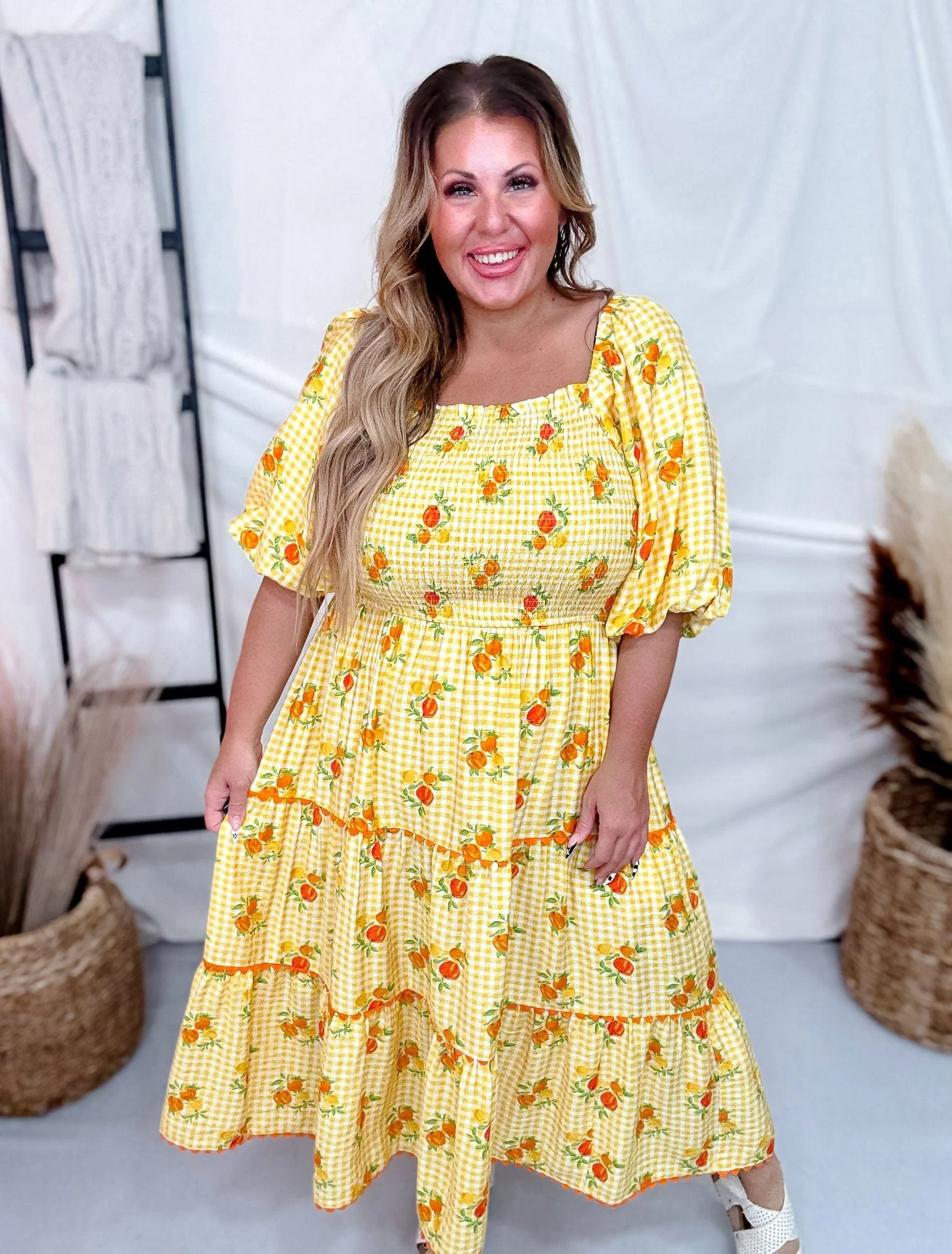 Garden Party Midi Dress With Smocked Top And Bubble Sleeves FINAL SALE